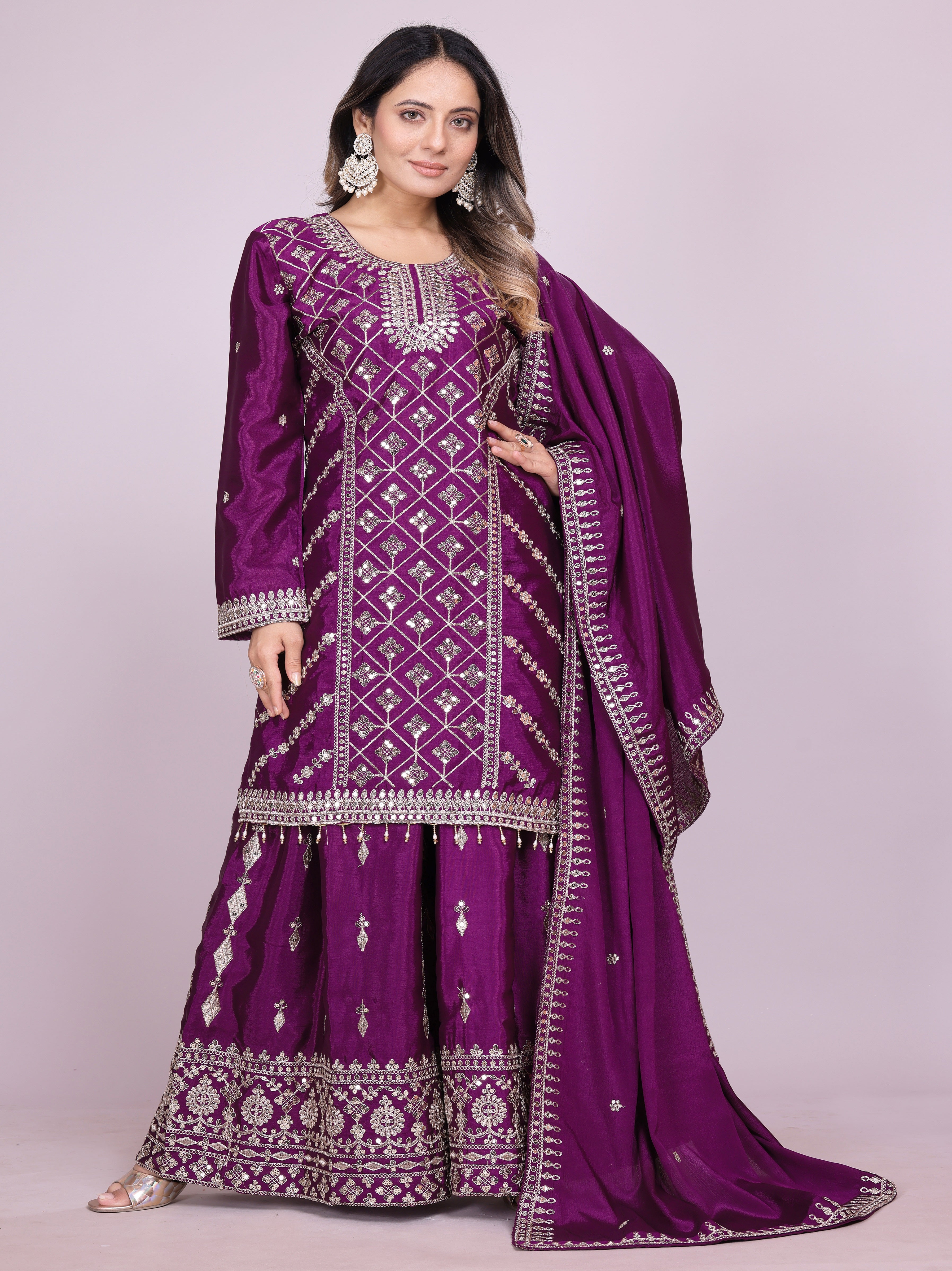 Designer Party Wear Sharara Suit With Coding Sequence Work