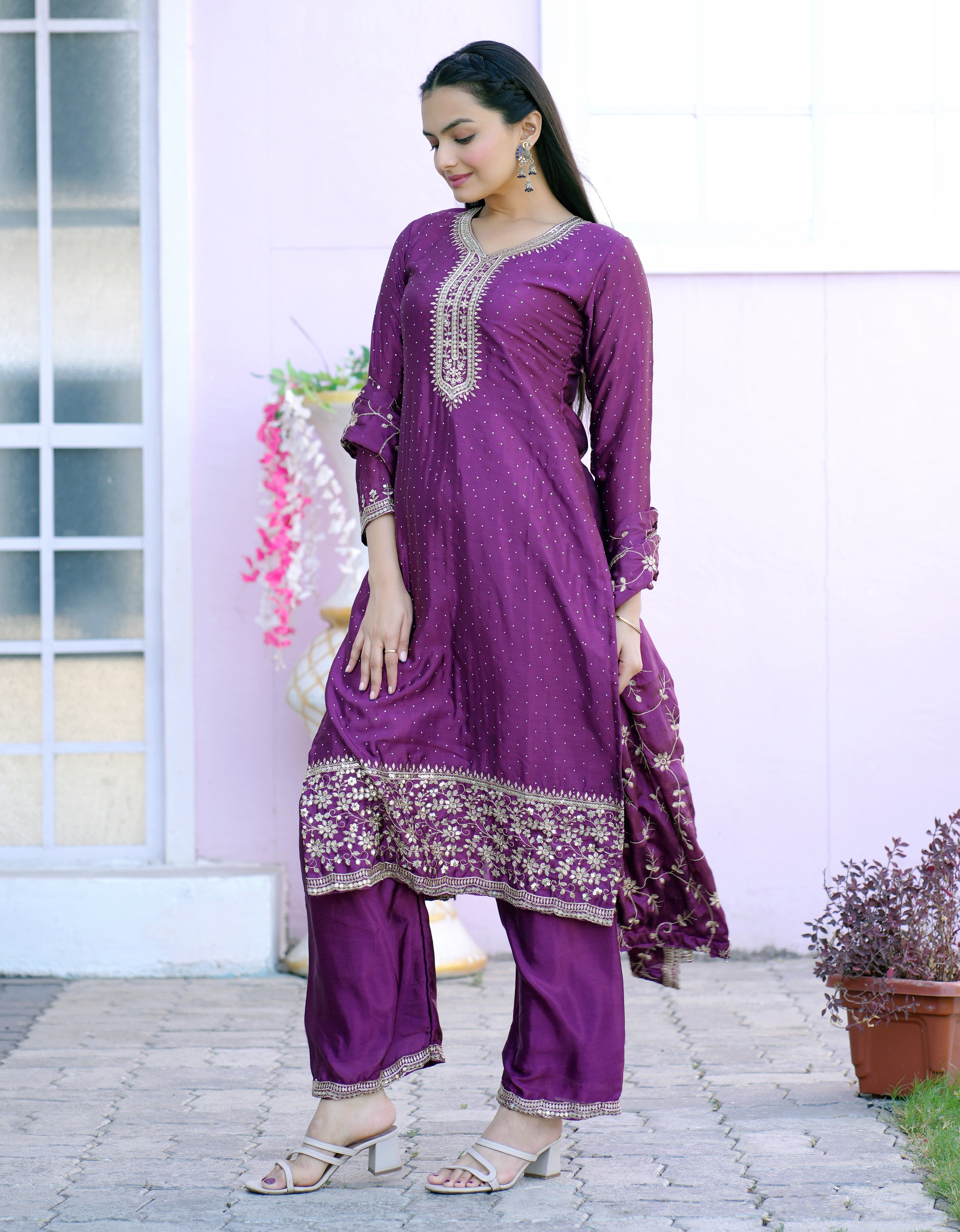 Designer Party Wear Suit With Sequence Embroidered Work And Stone Work