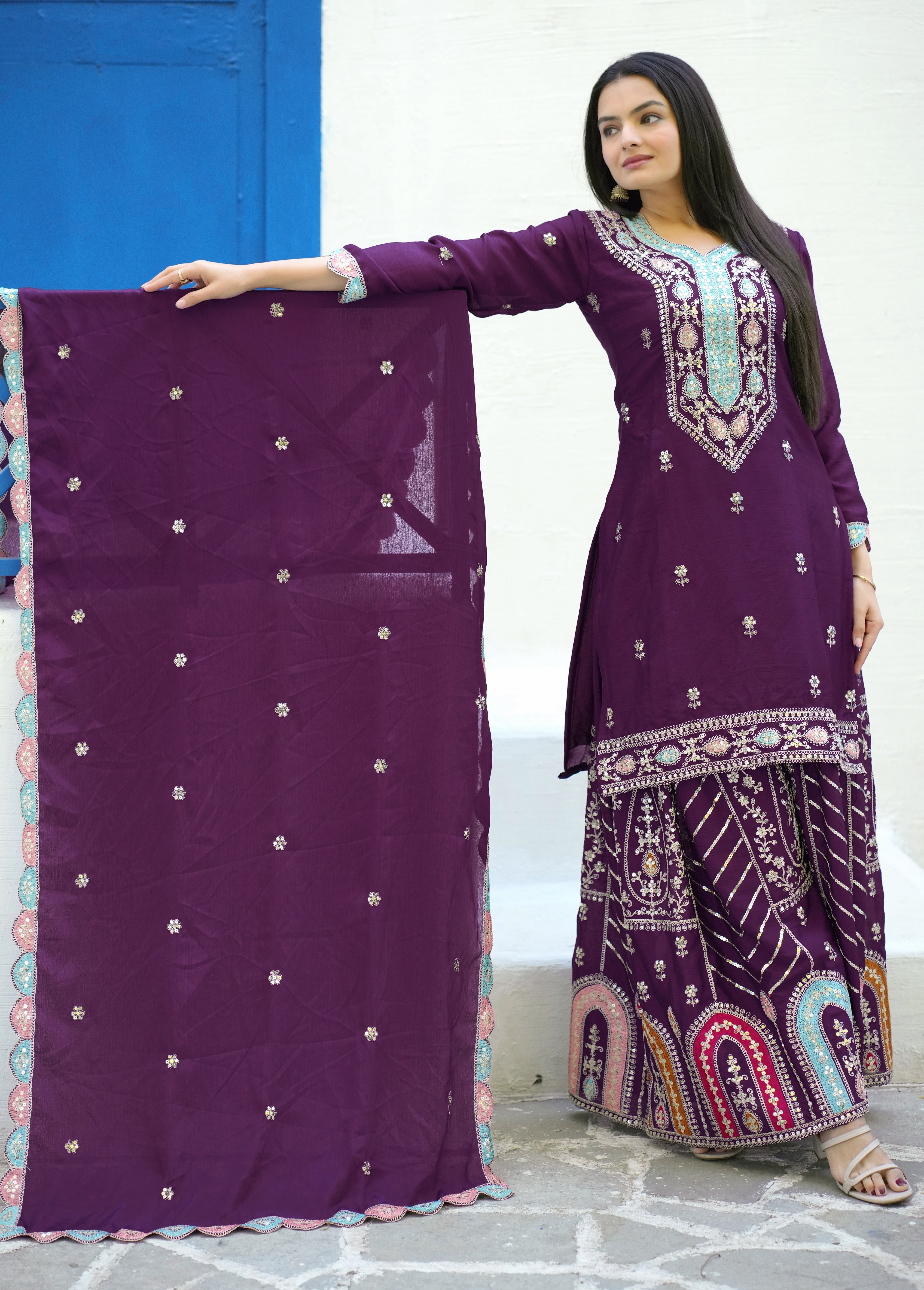 Beautiful Party Wear Suit With Sequence Embroidered Work
