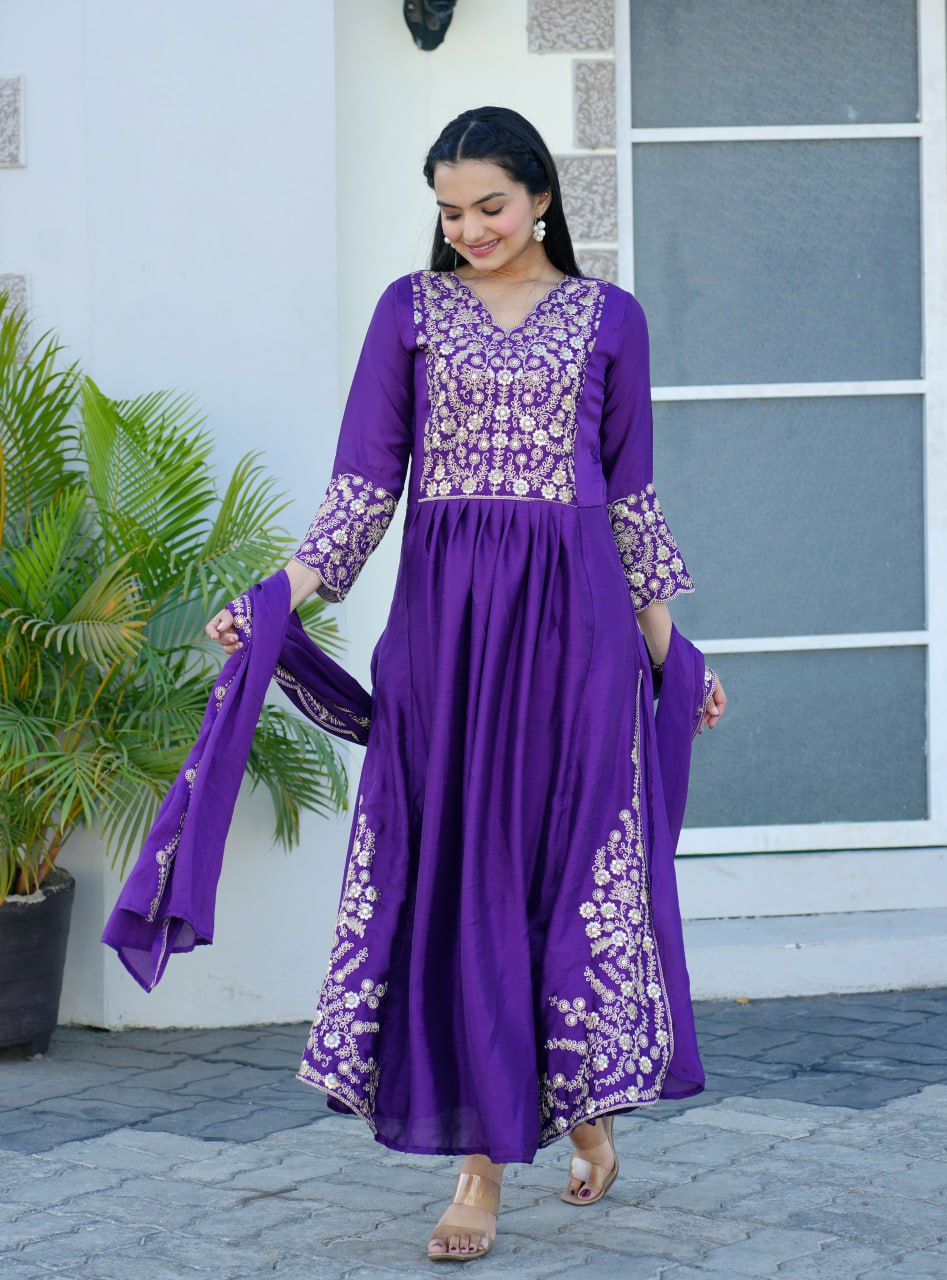 Designer Embroidered Chinon Gown With Sequence Embroidered Work