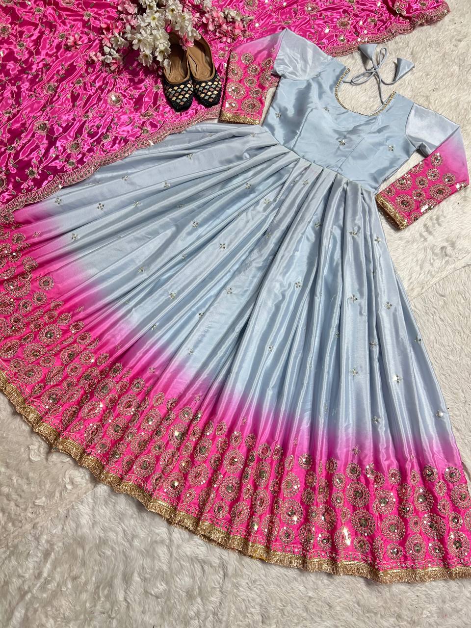 Party Wear Designer Gown And Dupatta With Embroidery Work
