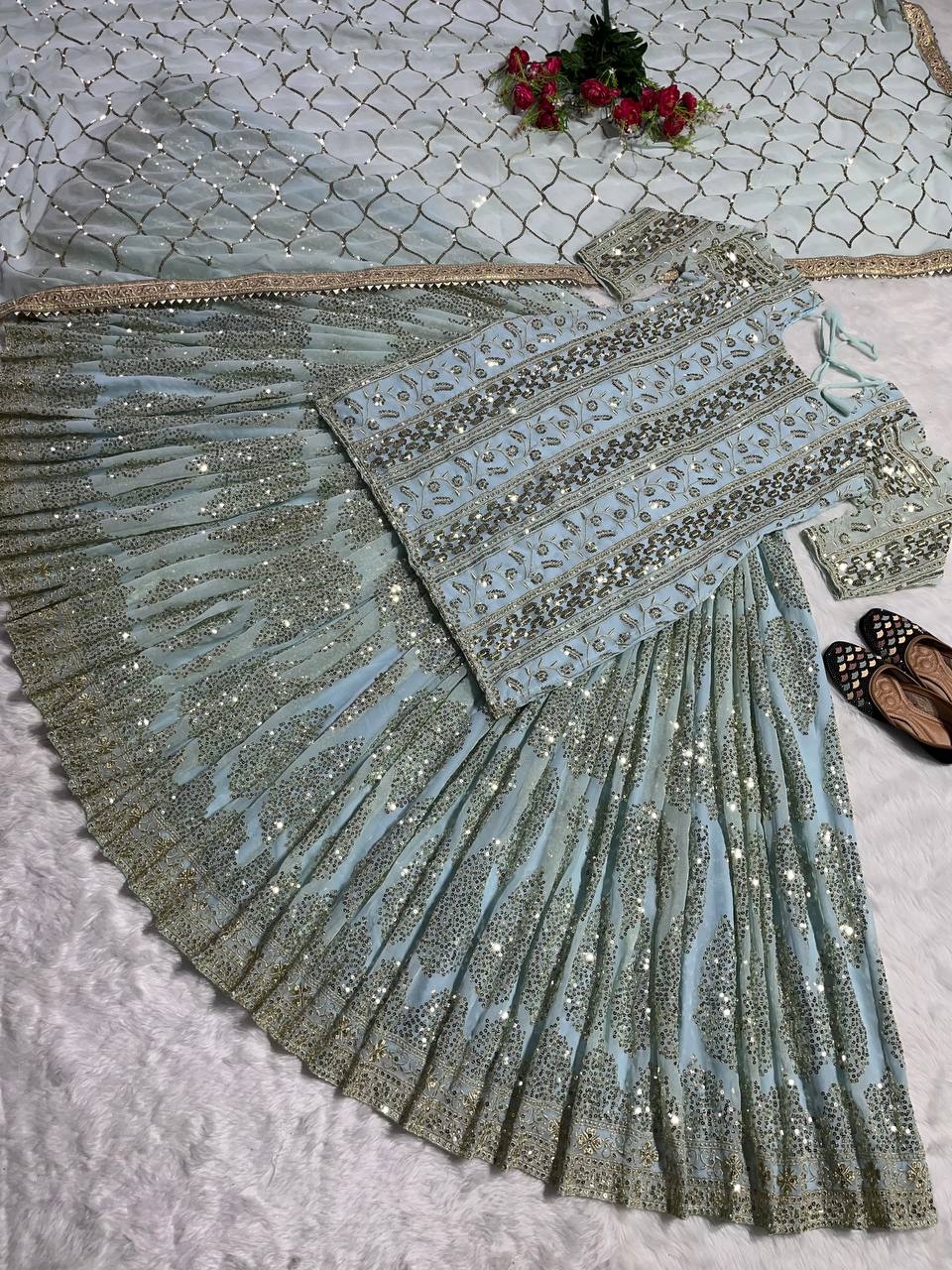 Designer Party Wear Top Lehenga And Dupatta With Fancy Border Work