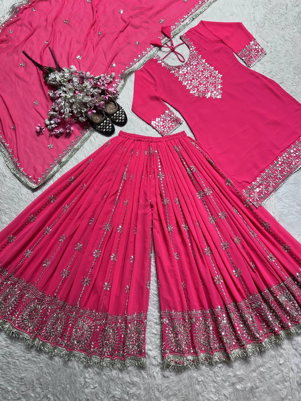 Designer Party Wear Top-Plazzo And Dupatta With Heavy Embroidery Work