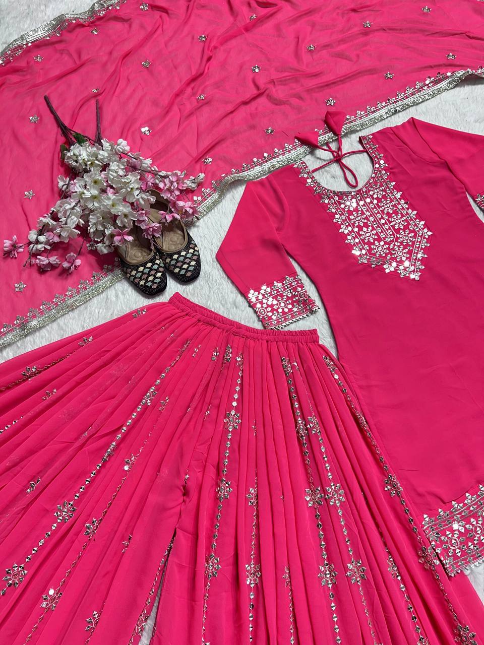 Designer Party Wear Top-Plazzo And Dupatta With Heavy Embroidery Work