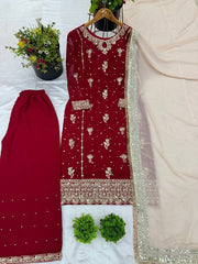 Designer Party Wear Look Top-Plazzo And Dupatta With Heavy Embroidery Work