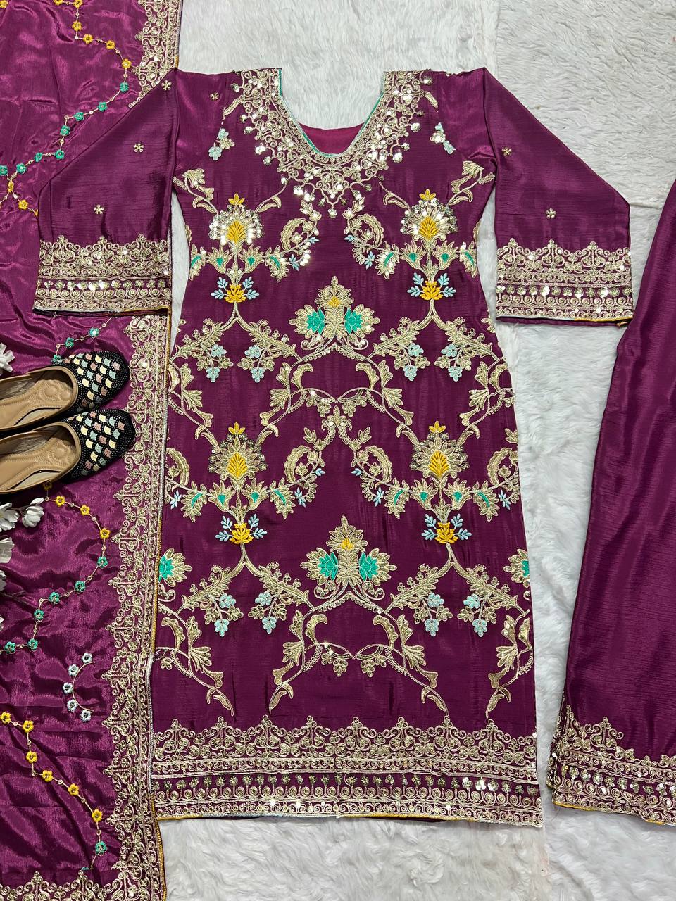 Party Wear Suit Set With Embroidery Coding Sequence Work