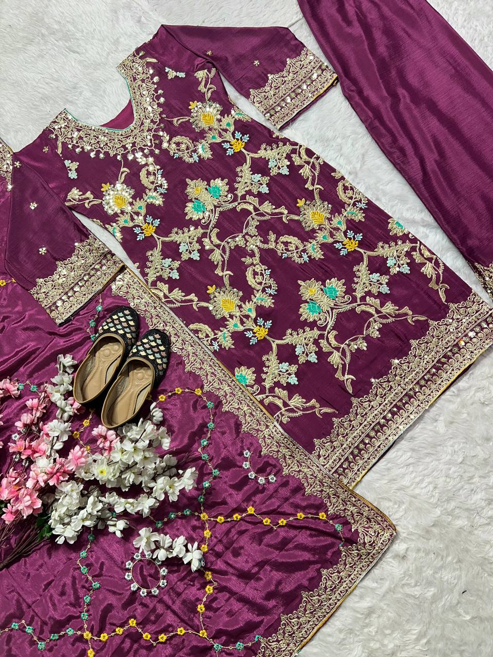 Party Wear Suit Set With Embroidery Coding Sequence Work