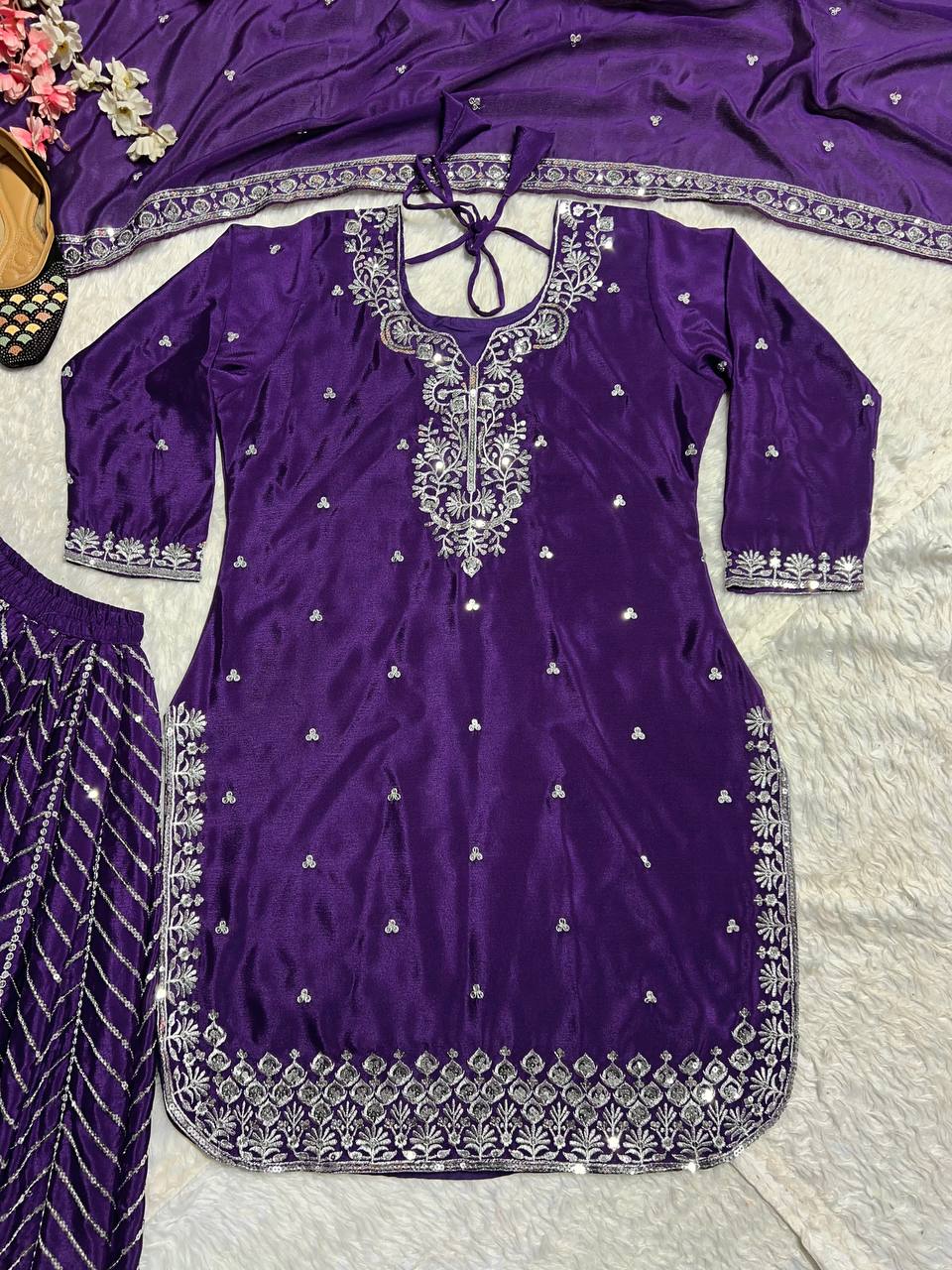Beautiful Party Wear Top Plazzo And Dupatta With Embroidery Work