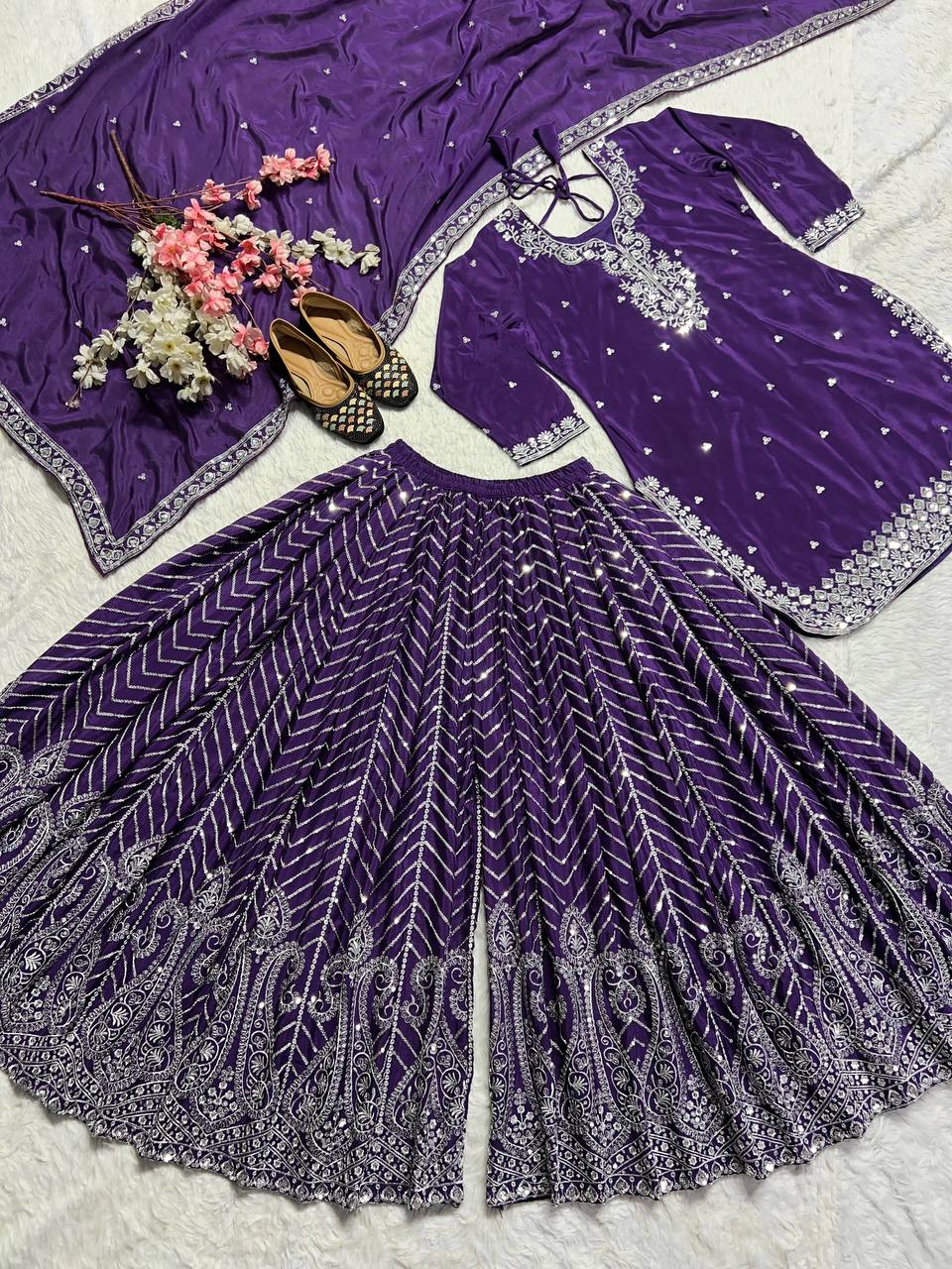 Beautiful Party Wear Top Plazzo And Dupatta With Embroidery Work