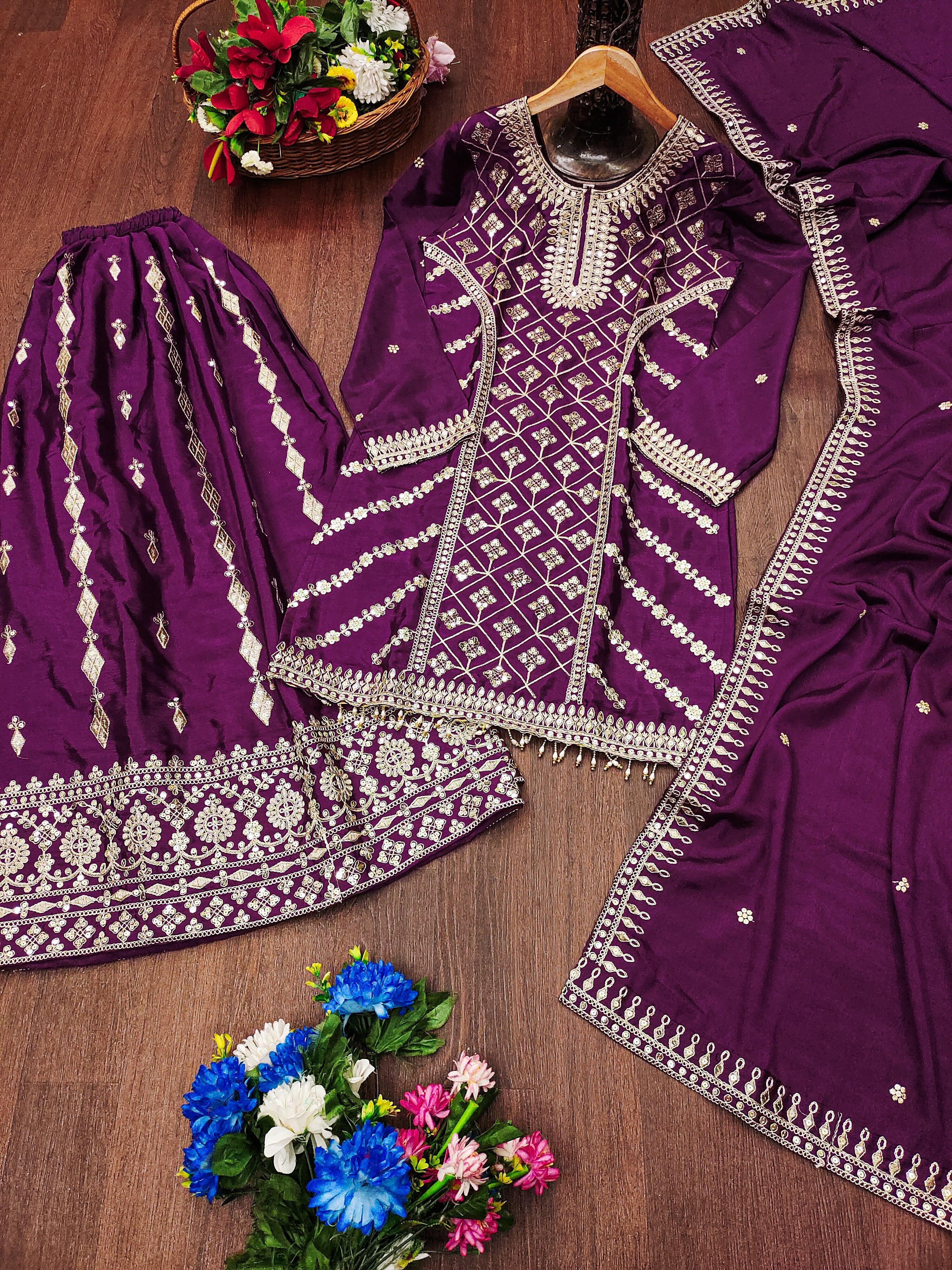 Designer Party Wear Sharara Suit With Coding Sequence Work