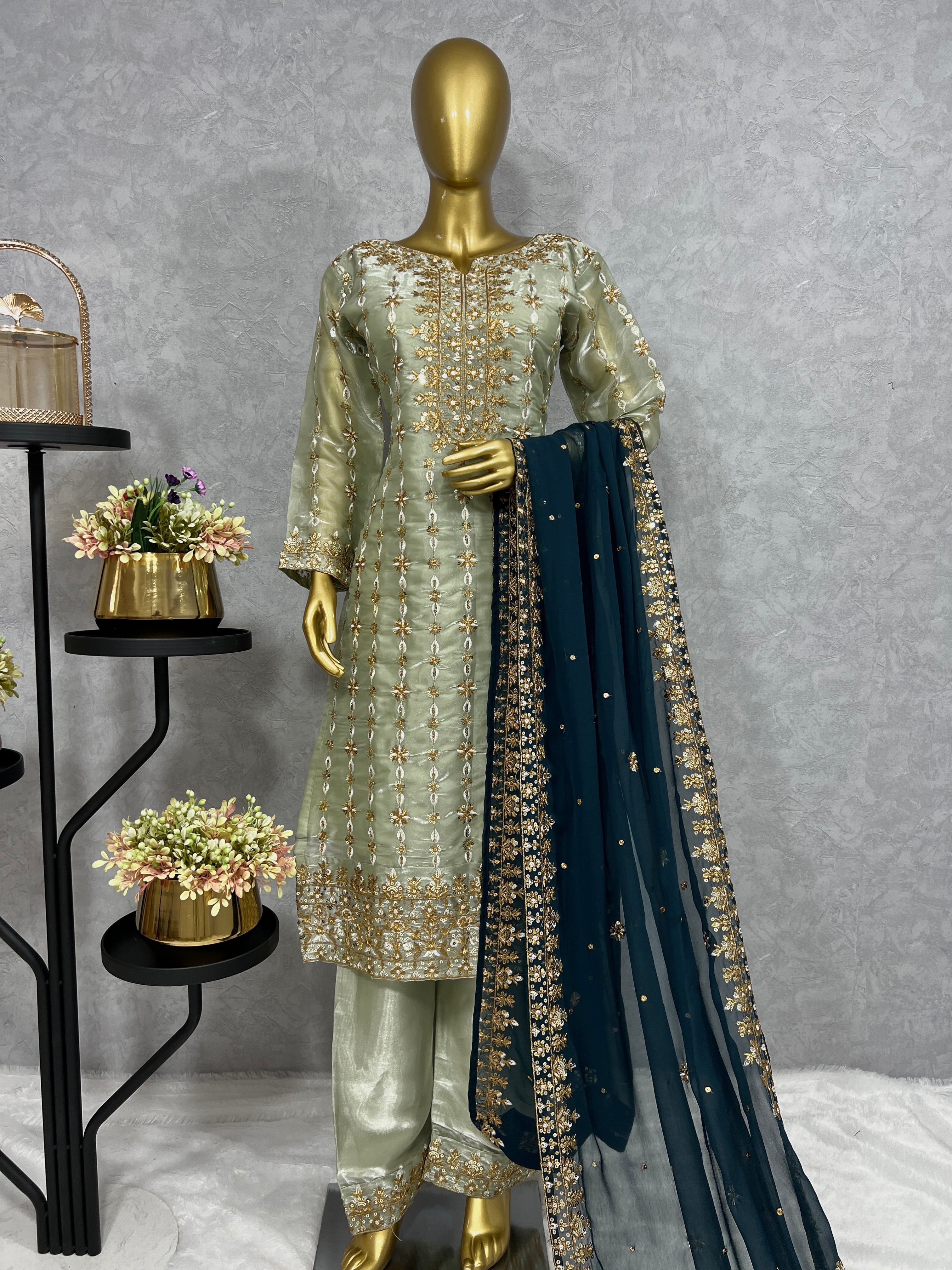 Stylish Party Wear Top Bottom And Dupatta With Embroidery Work