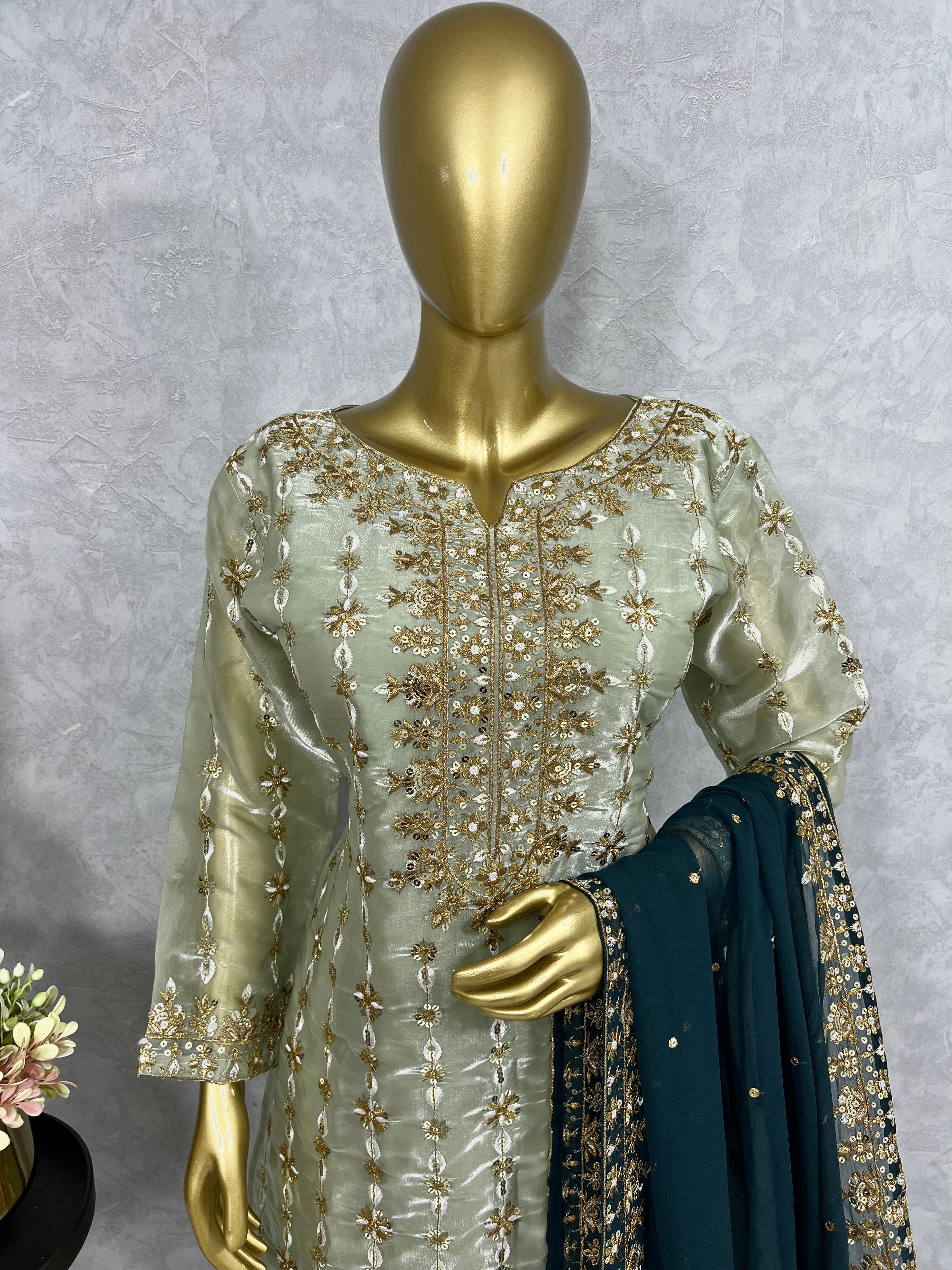 Stylish Party Wear Top Bottom And Dupatta With Embroidery Work