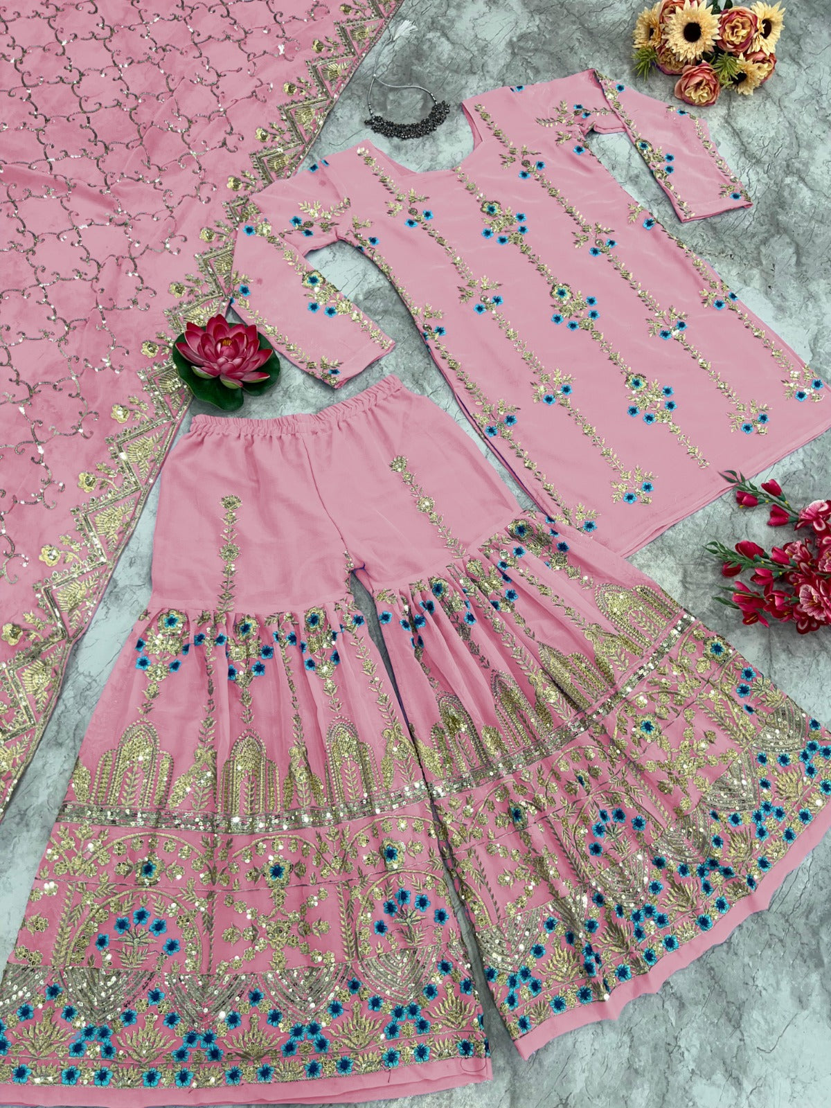 Beautiful Party Wear Top And Sharara With Fancy Dupatta