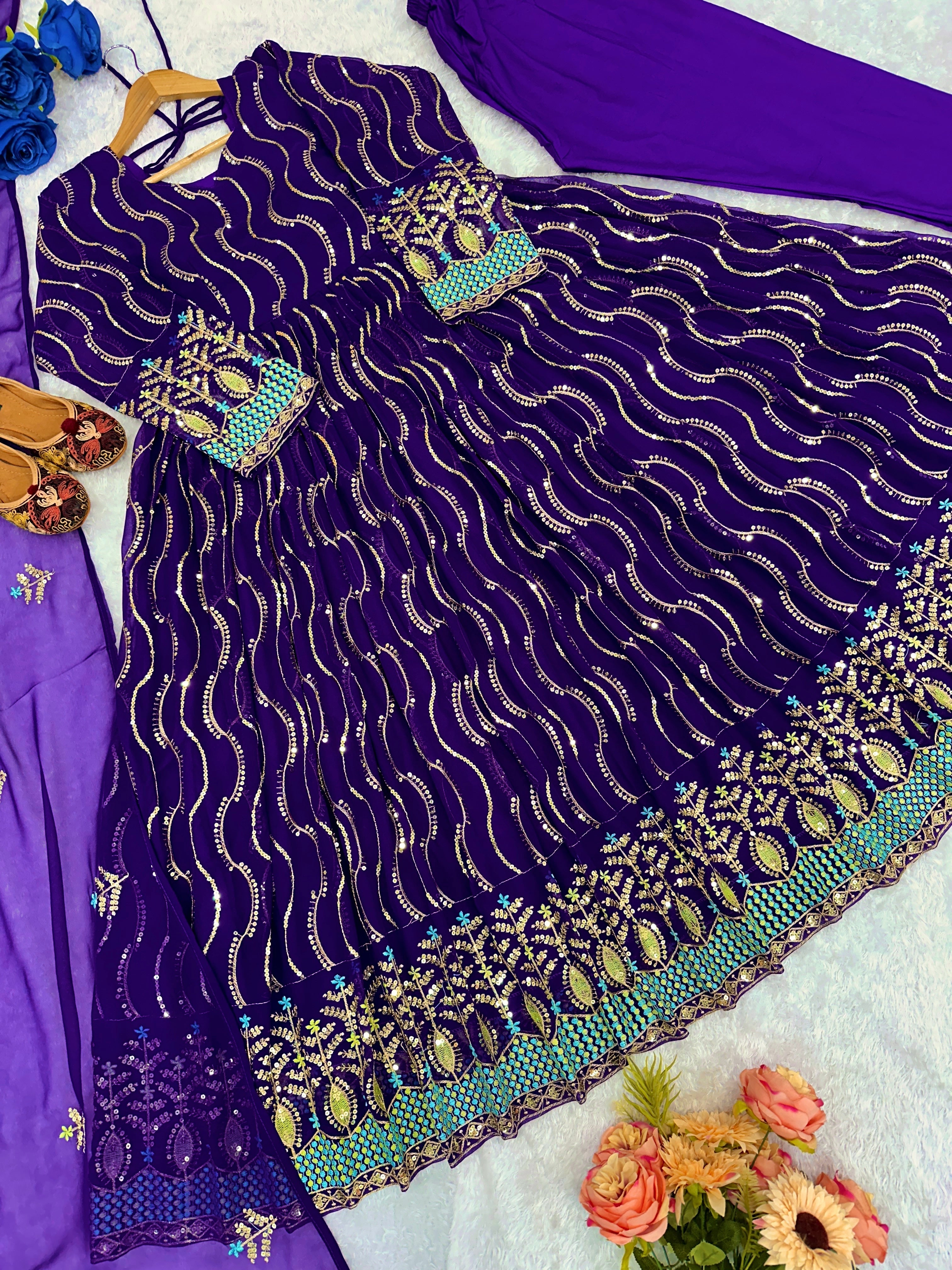 Party Wear Anarkali Gown Pent And Dupatta With Embroidery Work