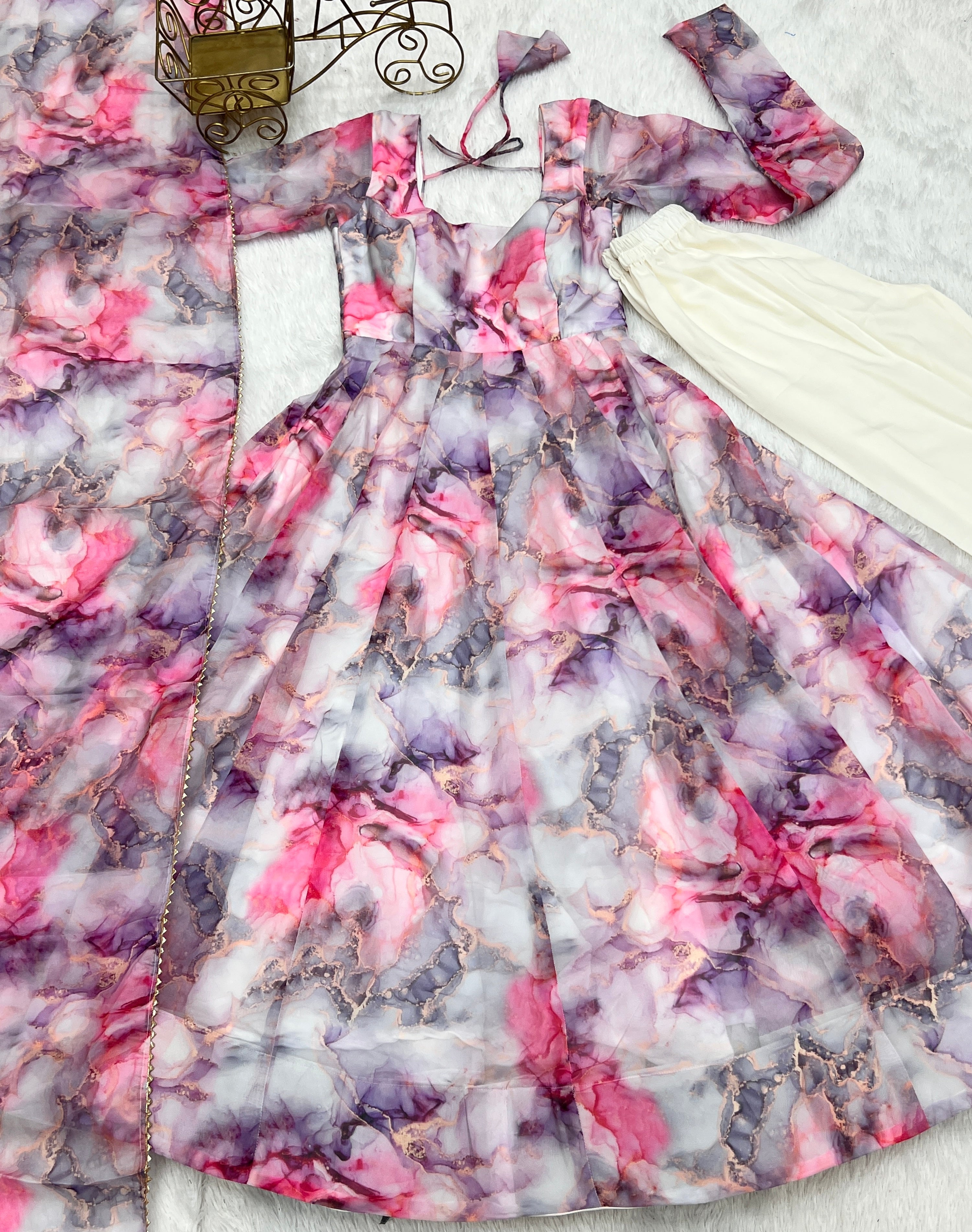 Beautiful Party Wear Anarkali Gown And Pent With Dupatta