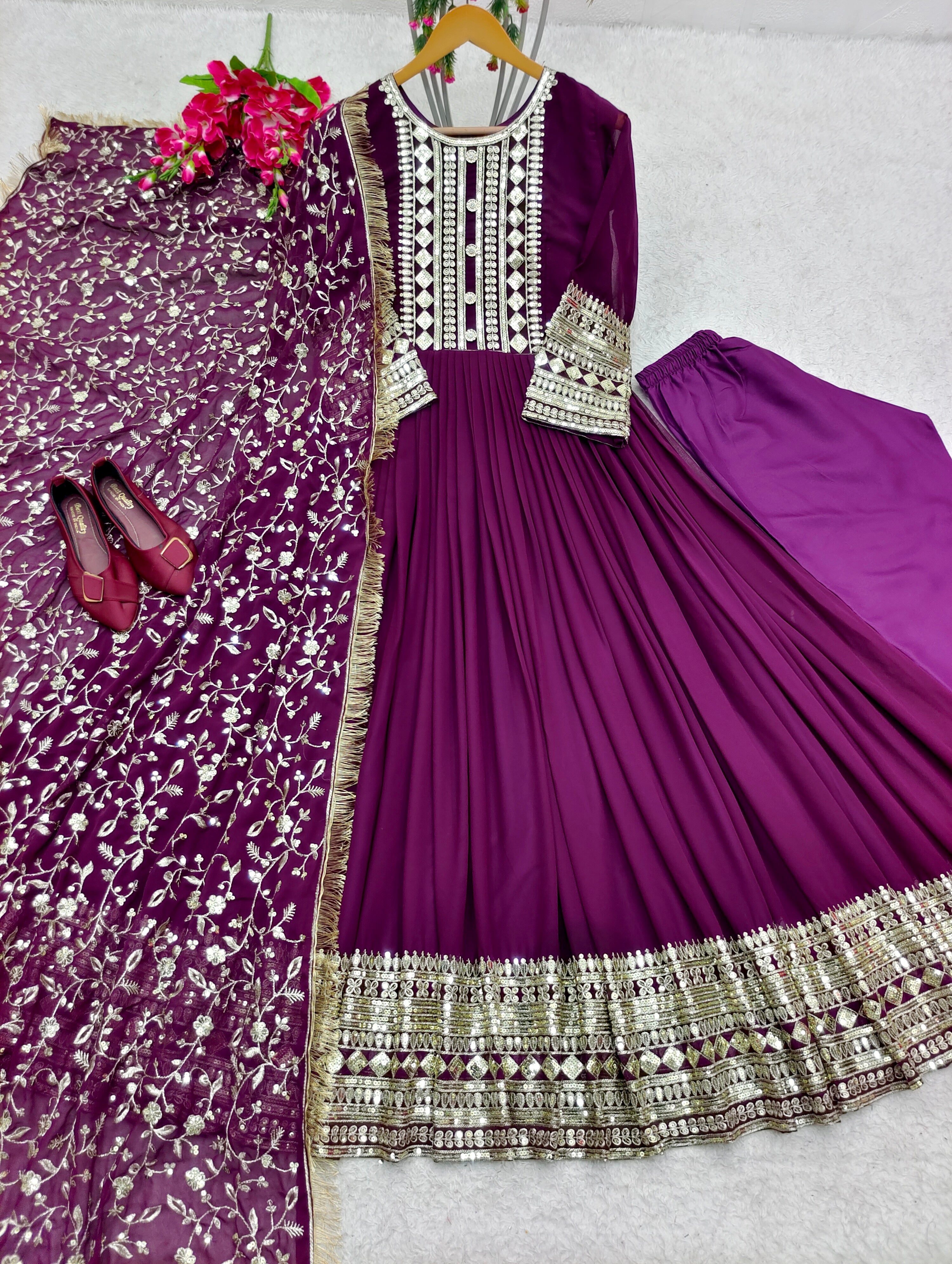 Designer Gown With Pent And Dupatta With Embroidery Work