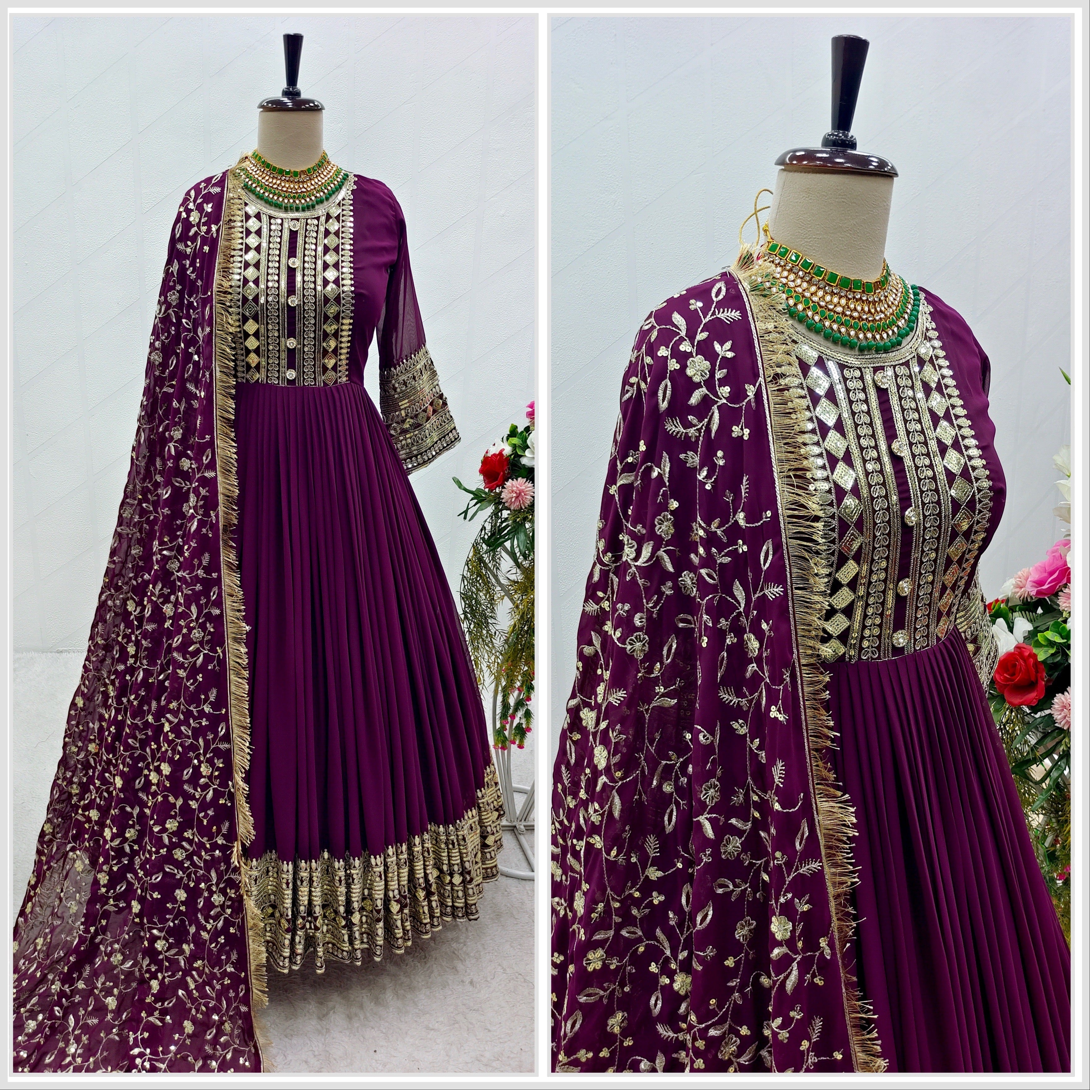 Designer Gown With Pent And Dupatta With Embroidery Work