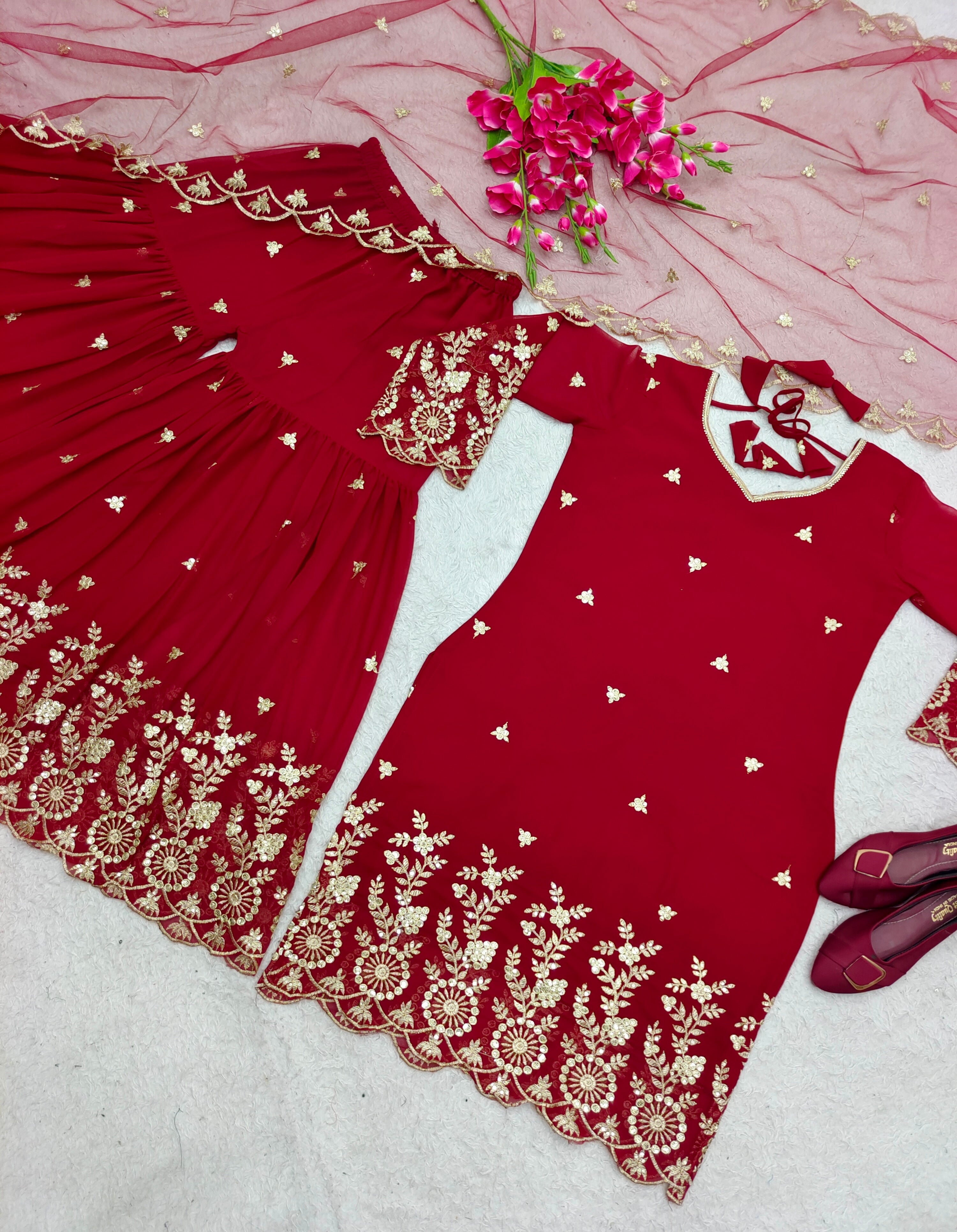 Designer Top-Sarara And Dupatta With Embroidery Work