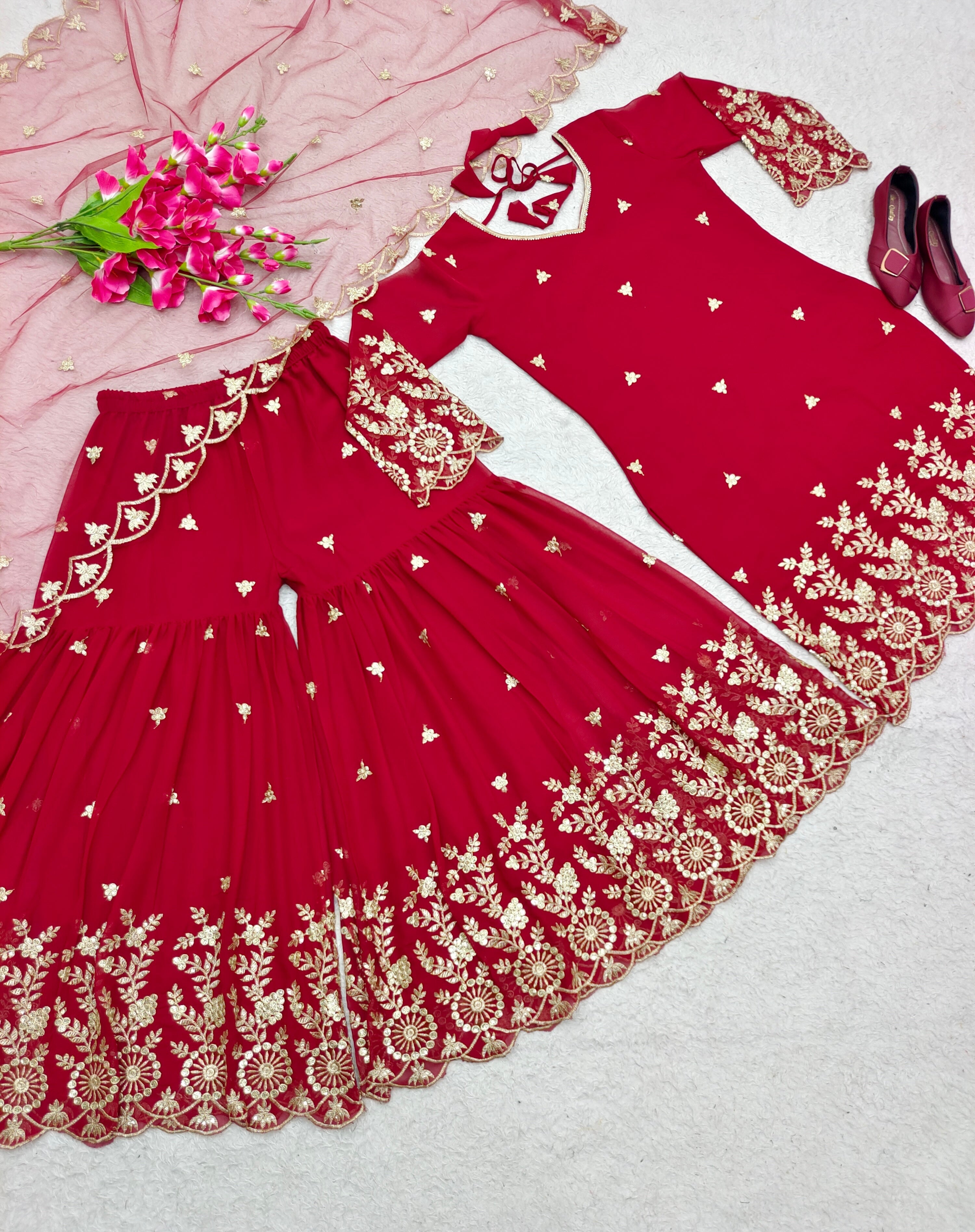 Designer Top-Sarara And Dupatta With Embroidery Work