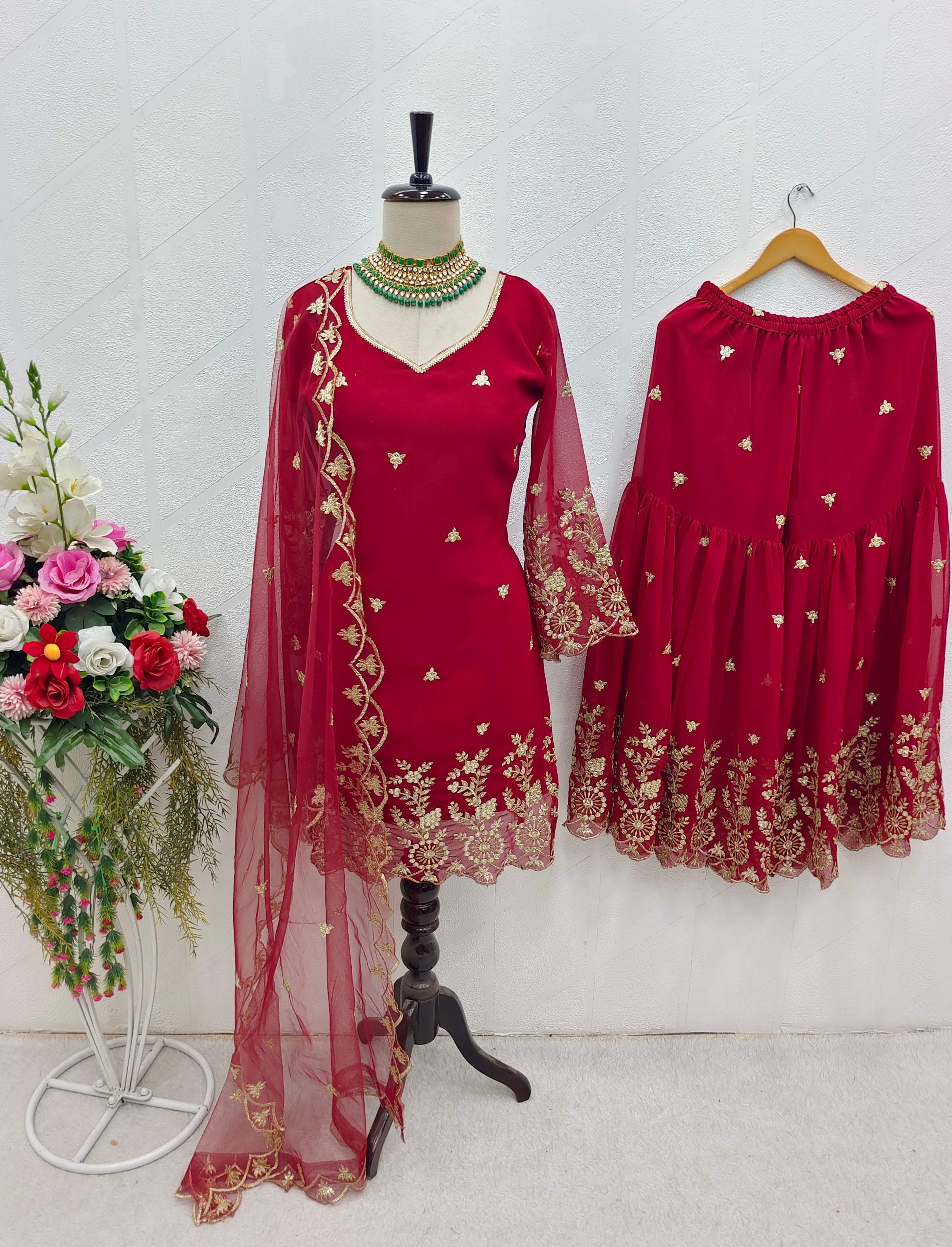 Designer Top-Sarara And Dupatta With Embroidery Work