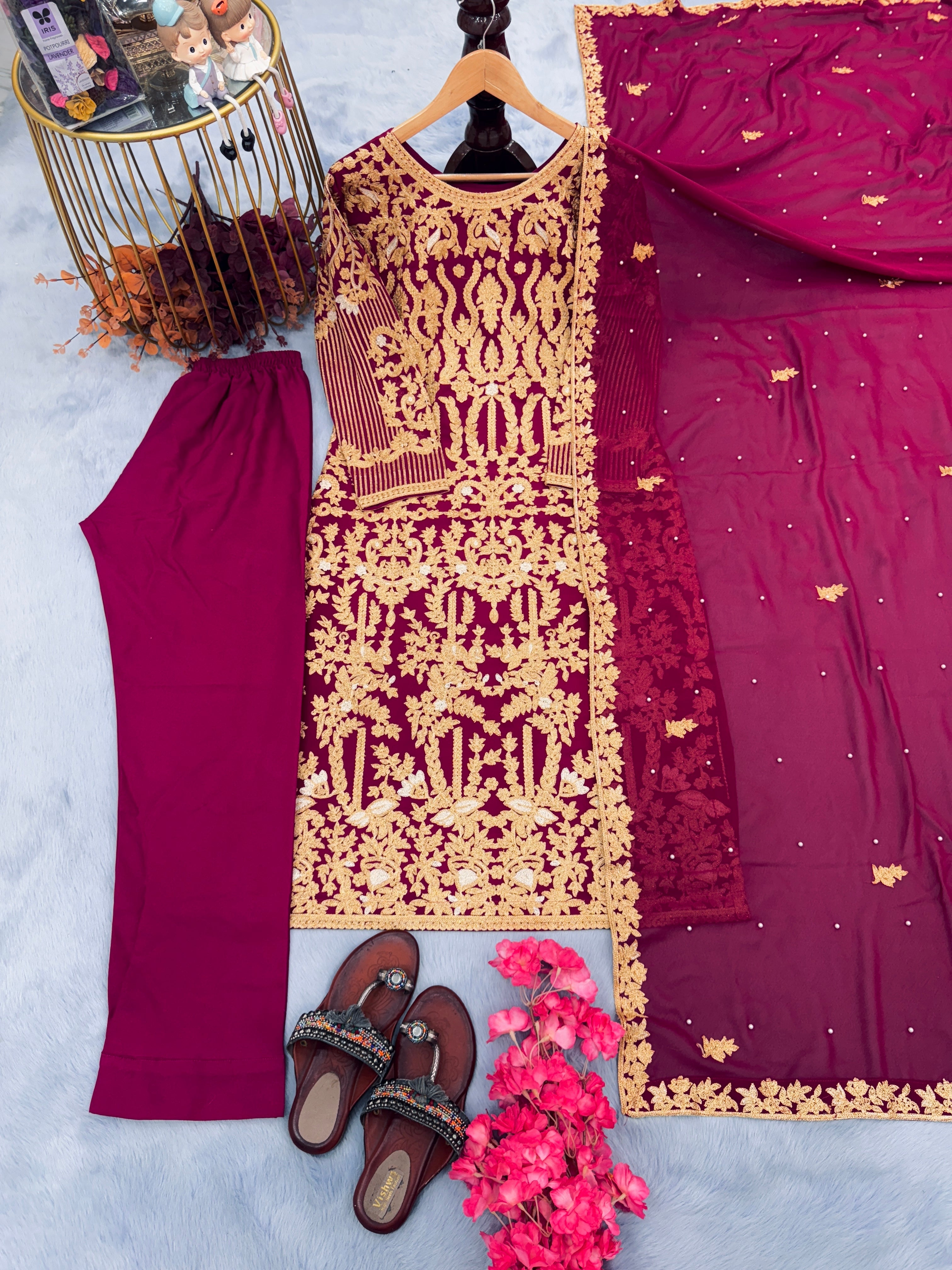 Designer Party Wear Look Heavy Faux Georgette Top Bottom & Dupatta Set