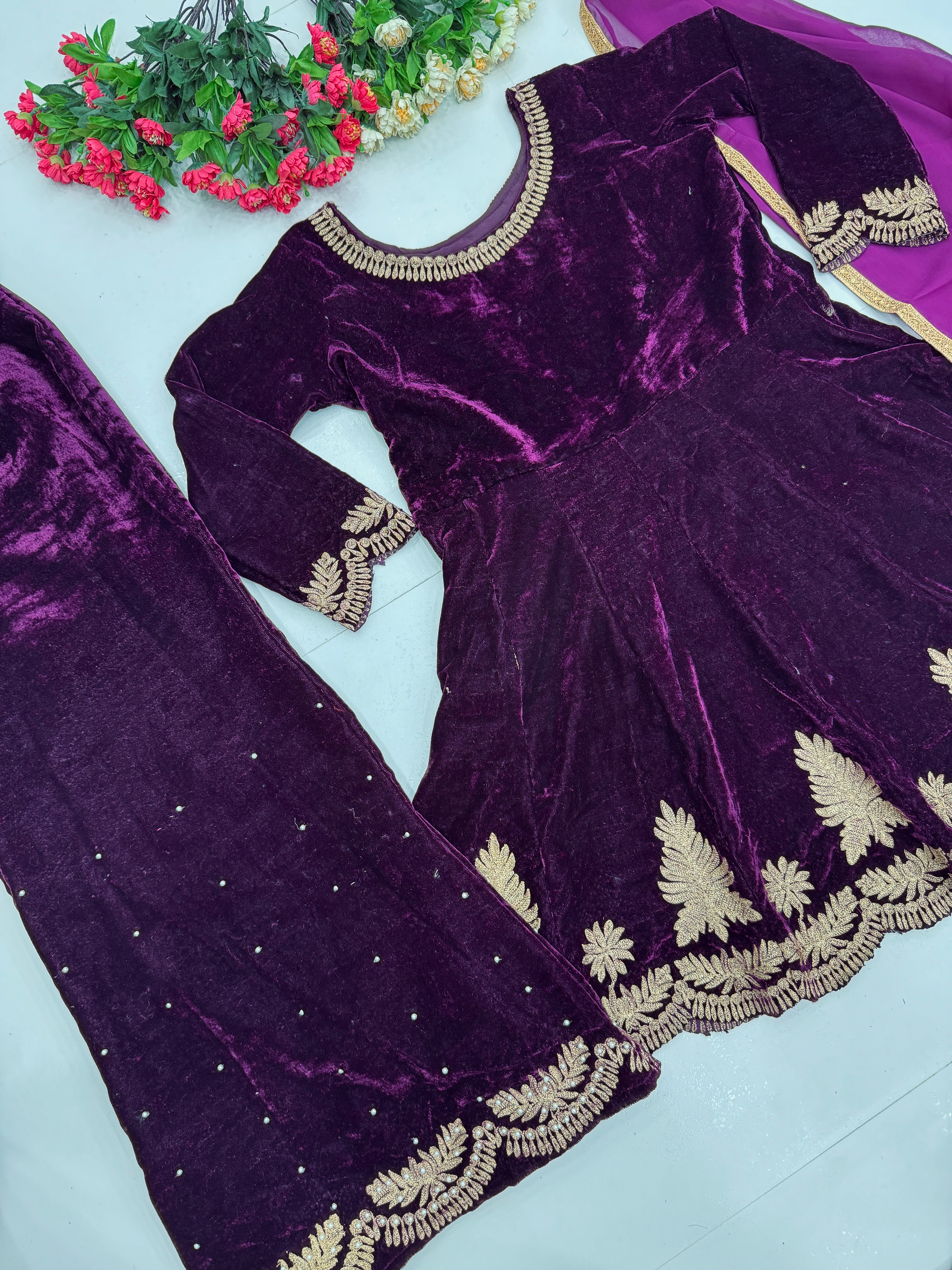 Designer Party Wear Top Pent And Dupatta With Pearl Hand Work