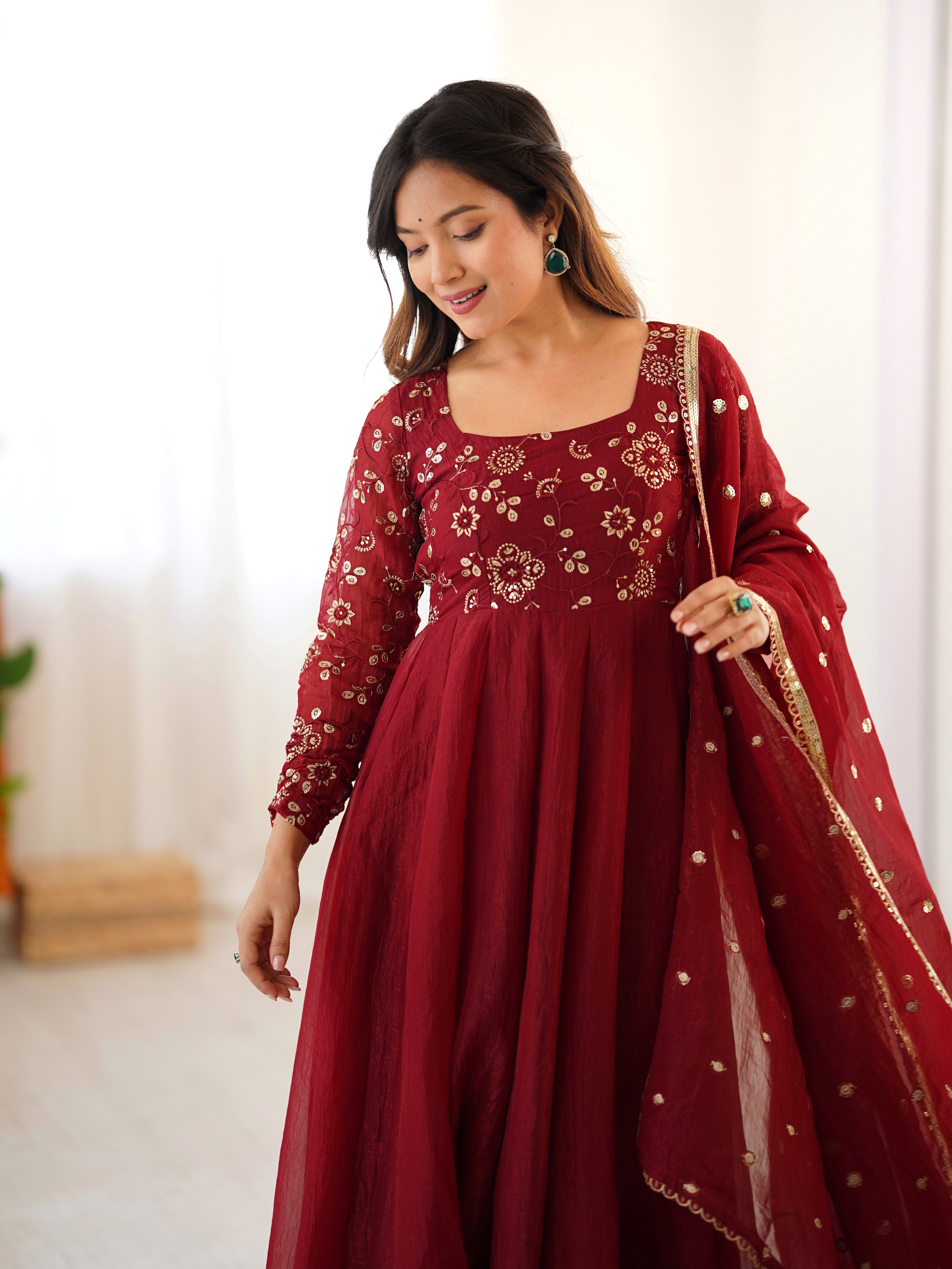 Designer Party Wear Gown And Bottom With Dupatta With Lace Border