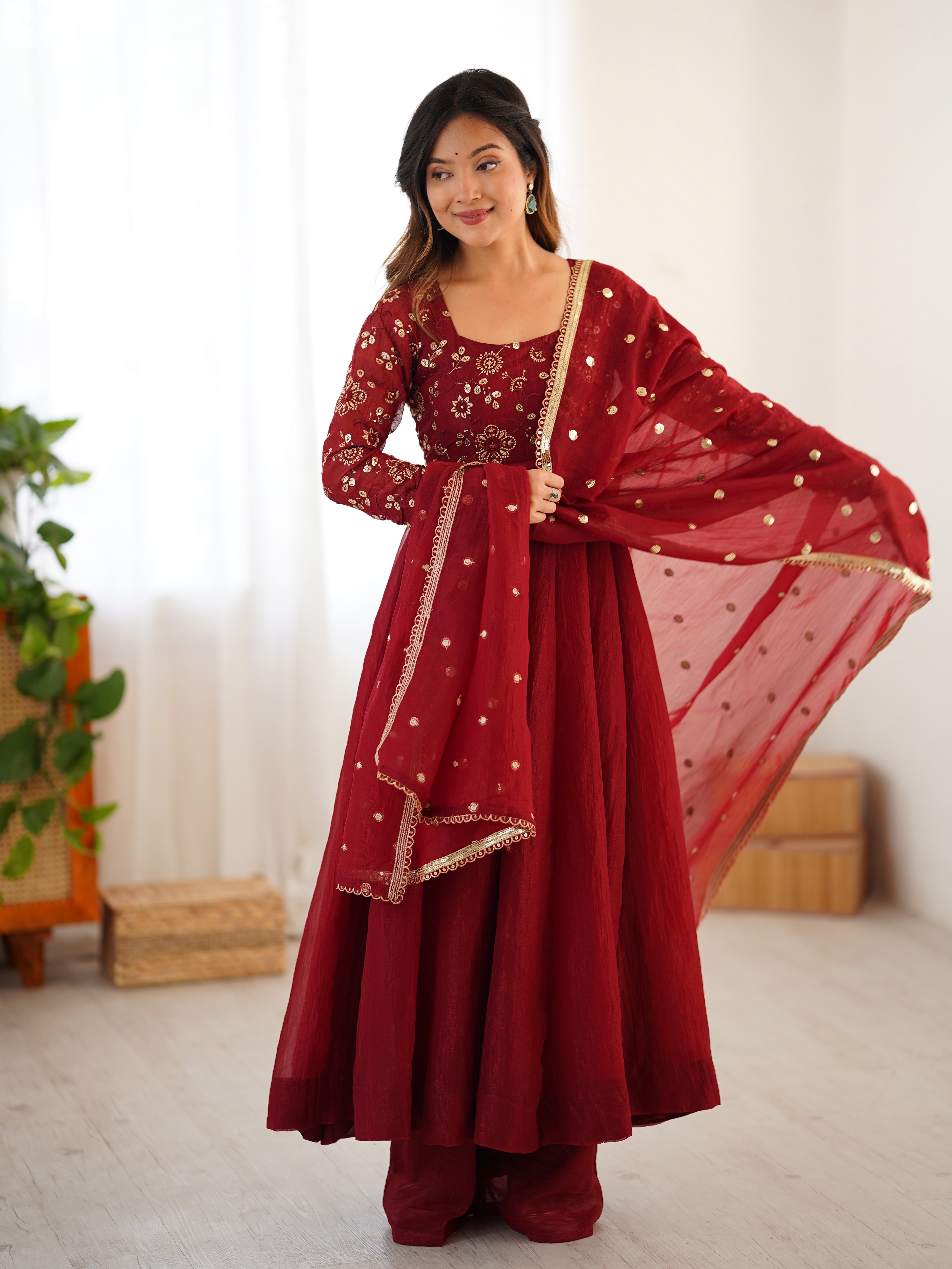 Designer Party Wear Gown And Bottom With Dupatta With Lace Border