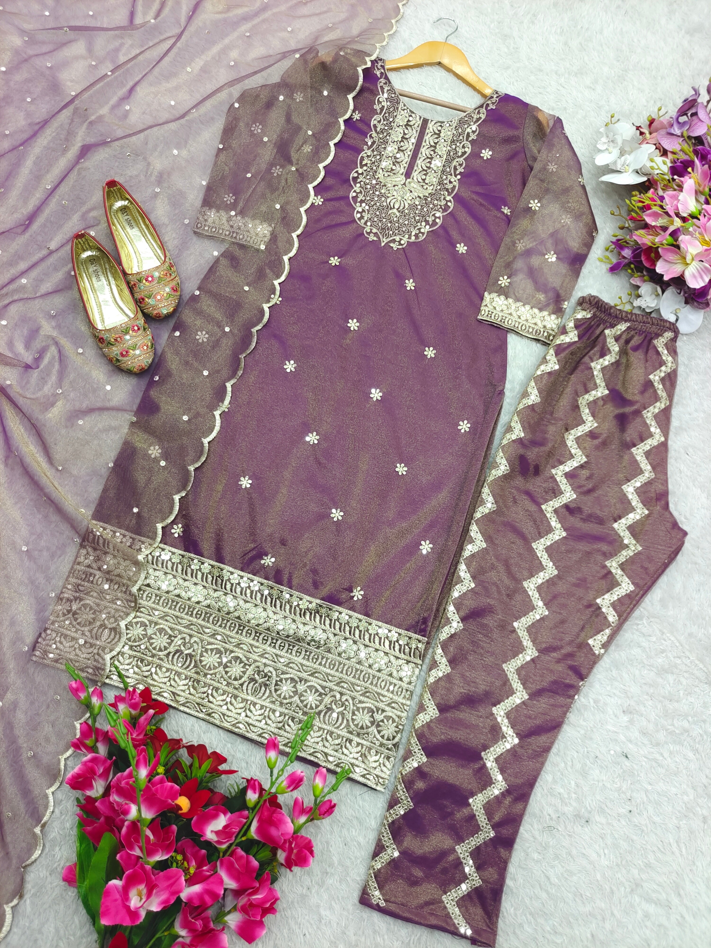 Party Wear Top-Pent And Dupatta With Embroidery Sequence Work