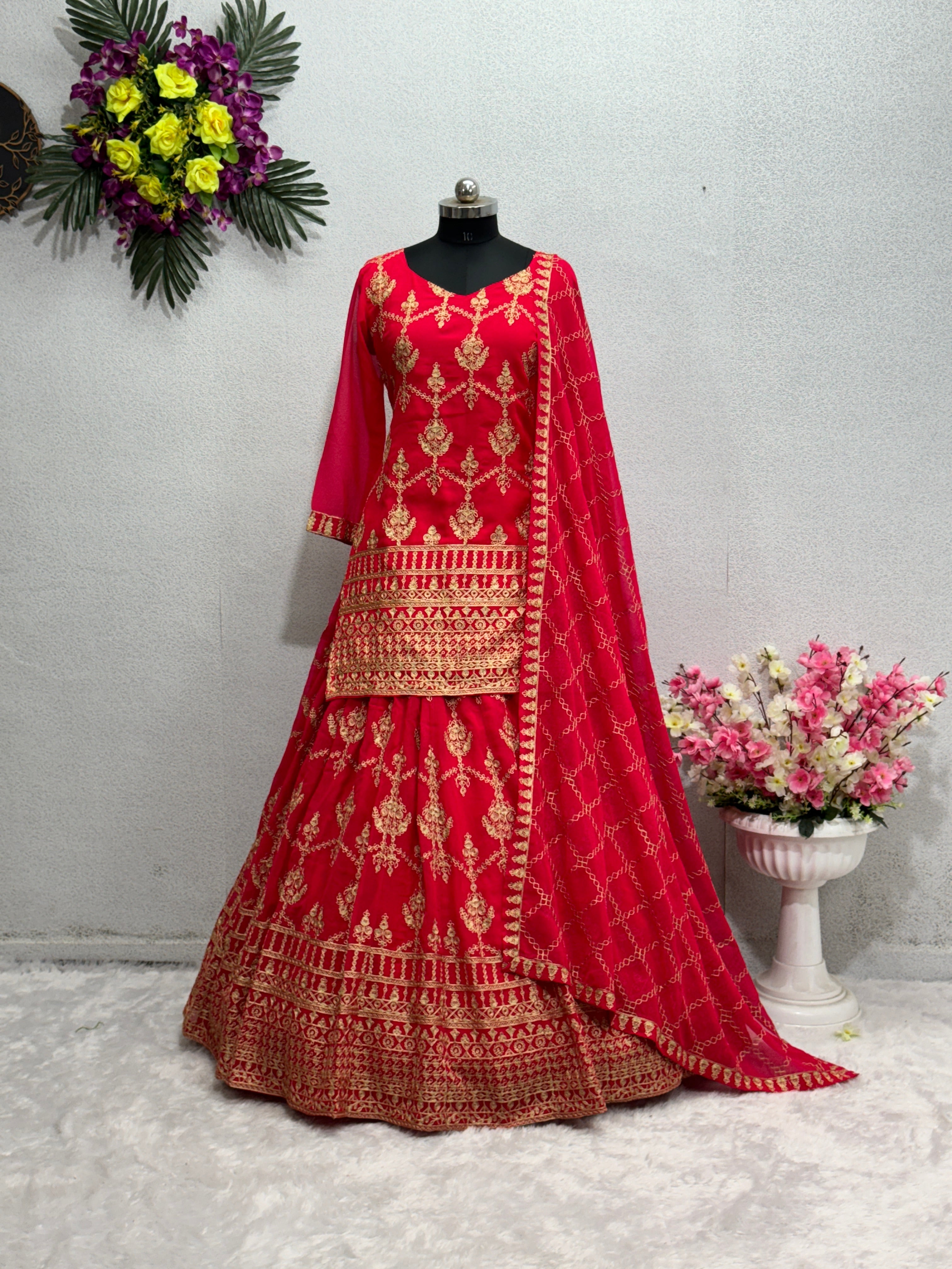 Designer Wear Top Lehenga And Dupatta With Chine Stitch Work