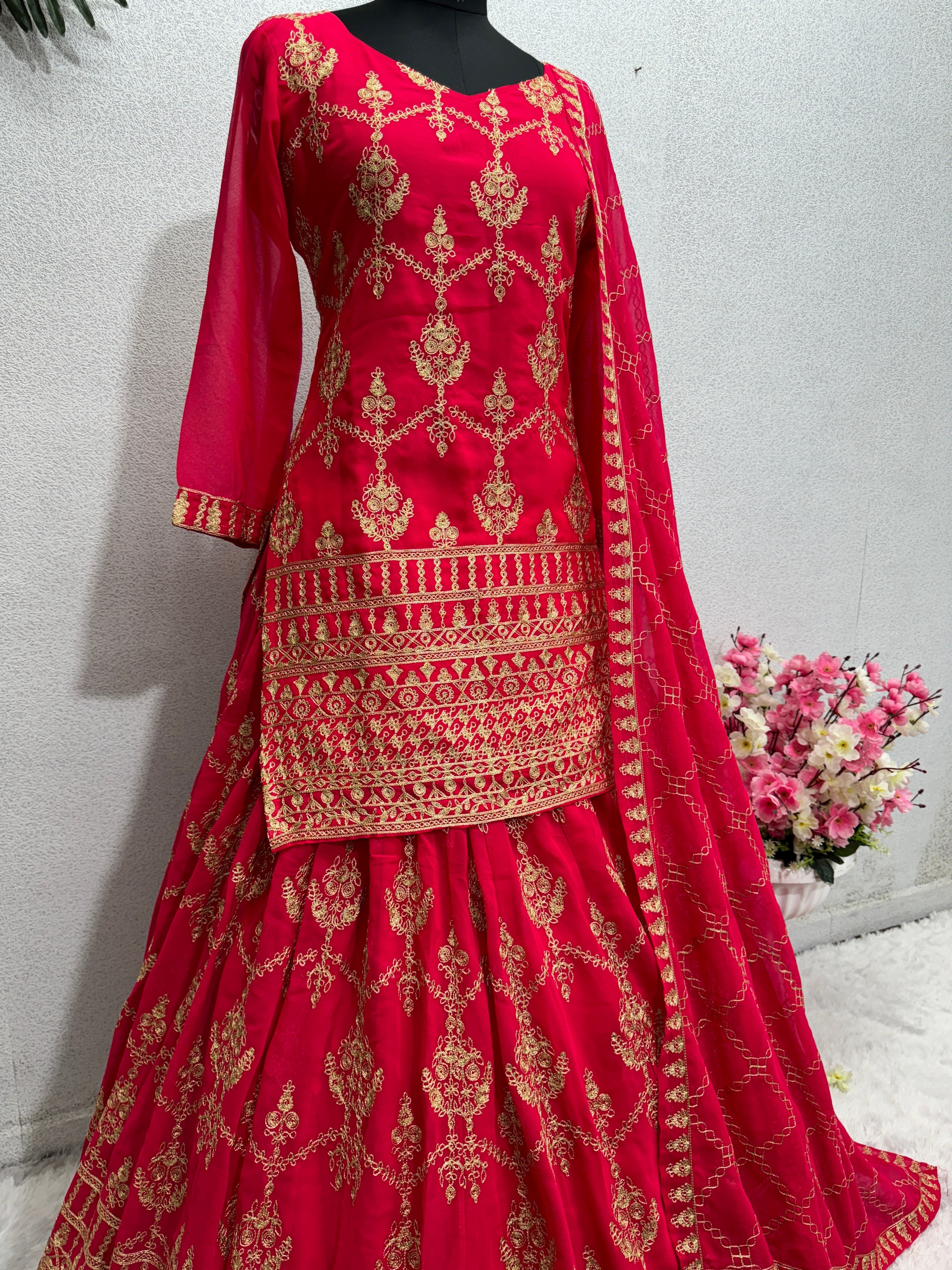 Designer Wear Top Lehenga And Dupatta With Chine Stitch Work
