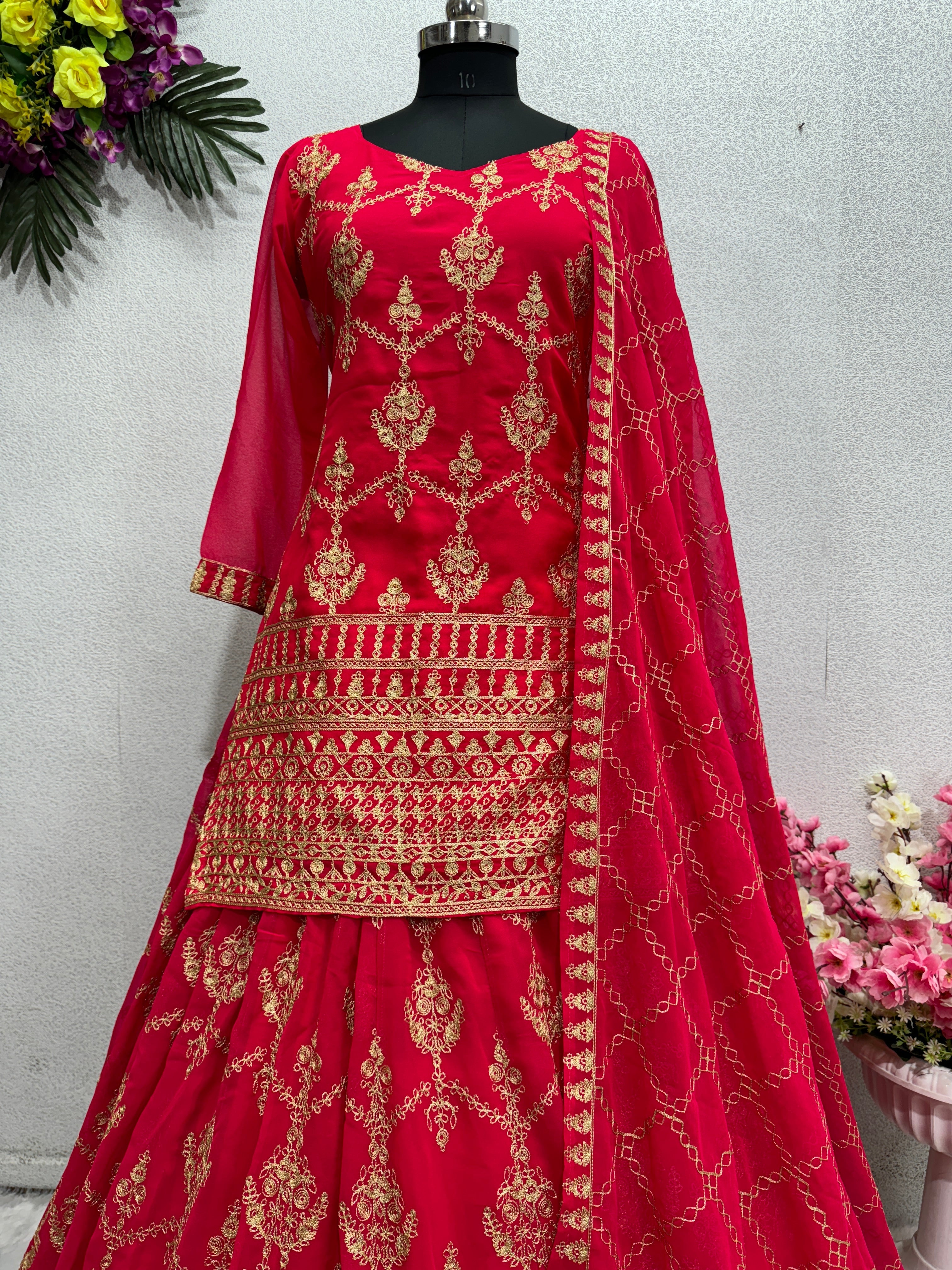 Designer Wear Top Lehenga And Dupatta With Chine Stitch Work