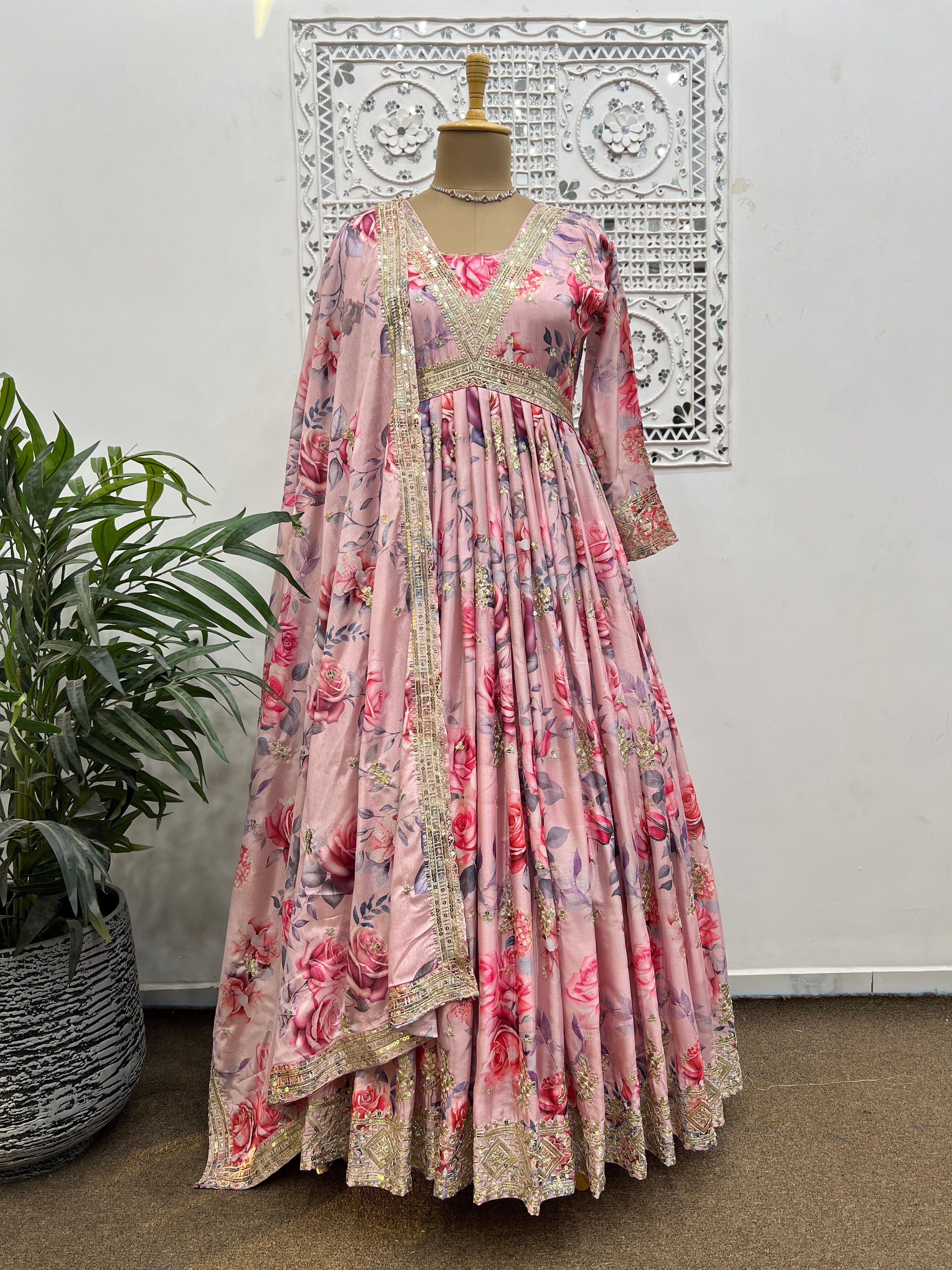 Designer Anarkali Gown With Dupatta With Fancy Digital Print