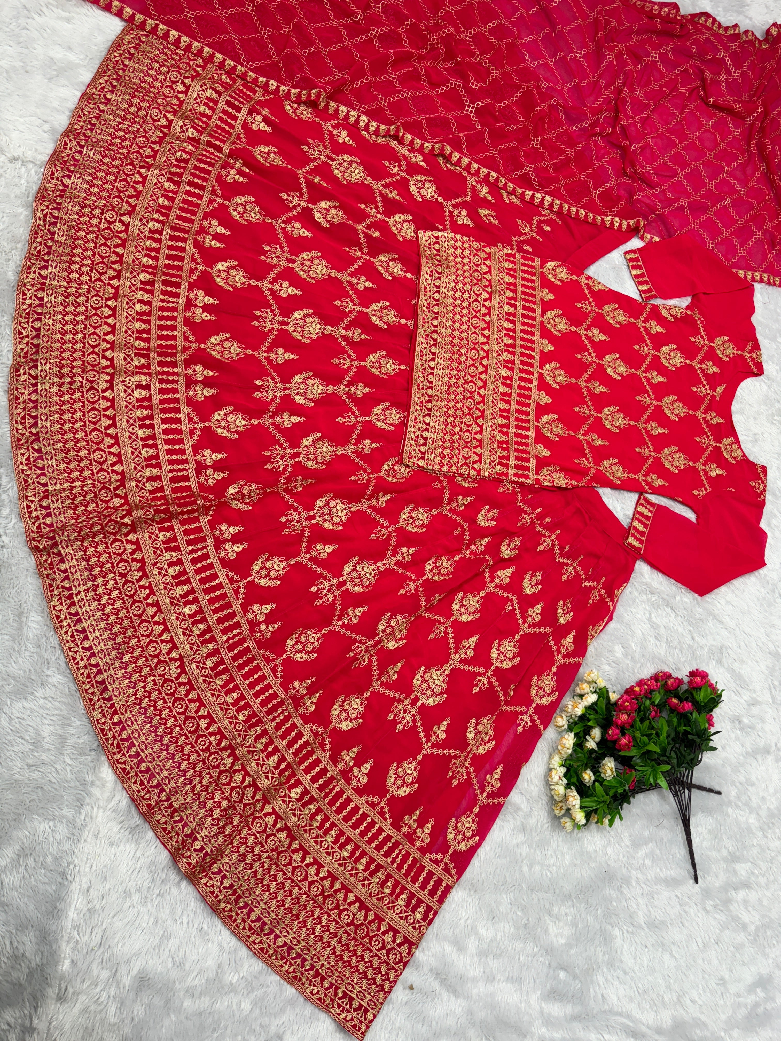 Designer Wear Top Lehenga And Dupatta With Chine Stitch Work