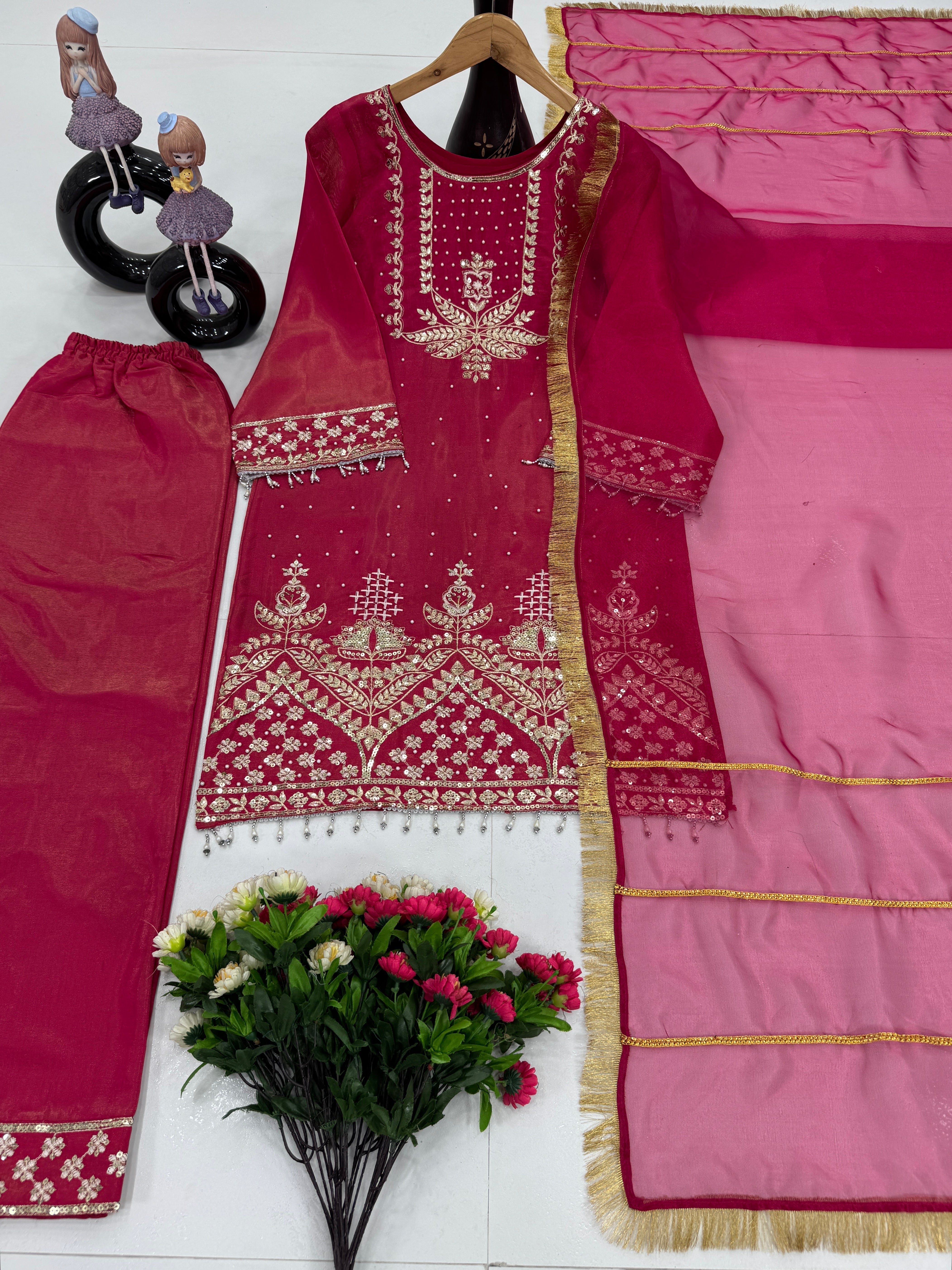 Designer Party Wear Top Bottom And Dupatta With Fancy Lace