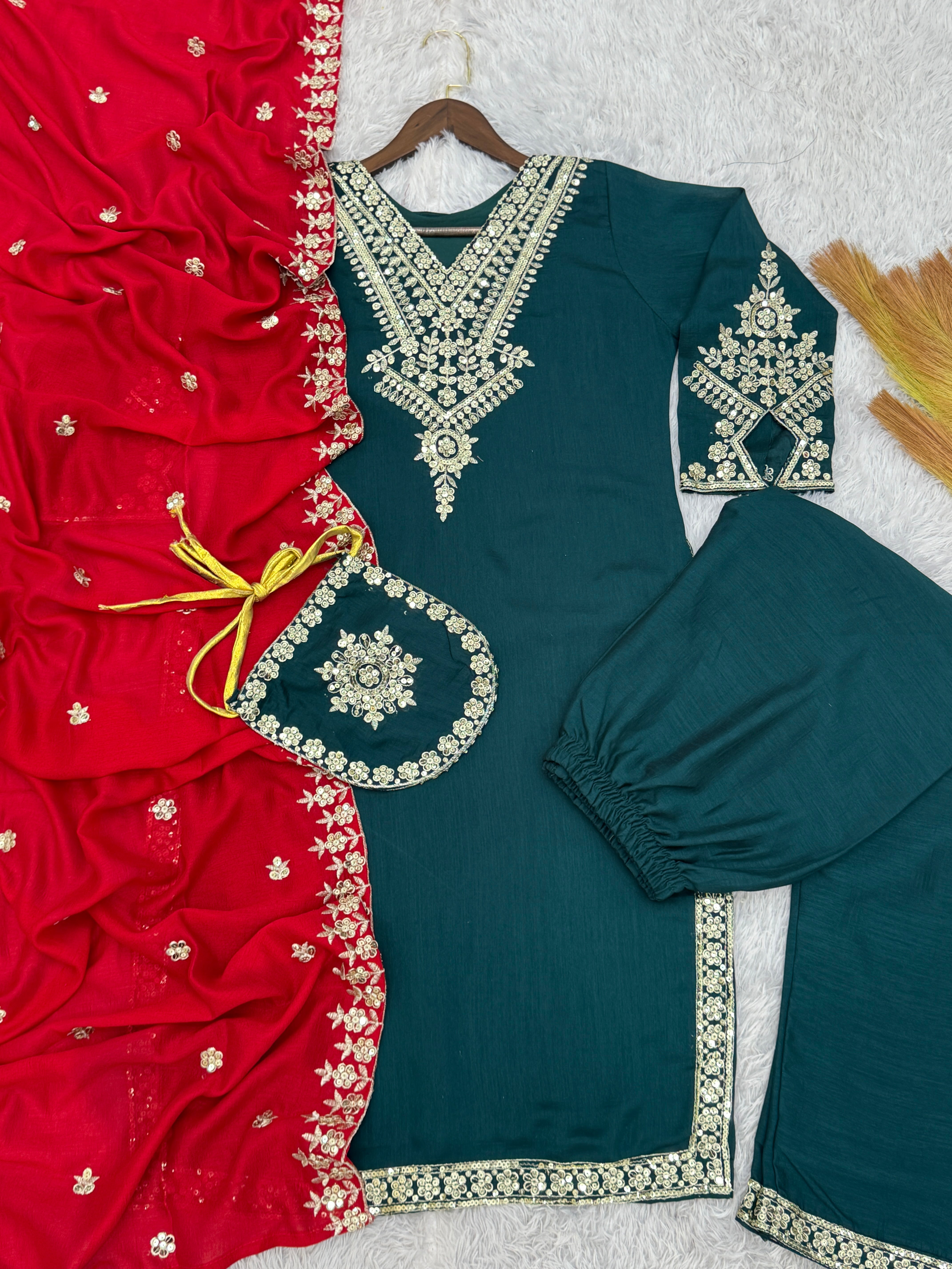Fancy Suit Set With Embroidery And Sequence Work