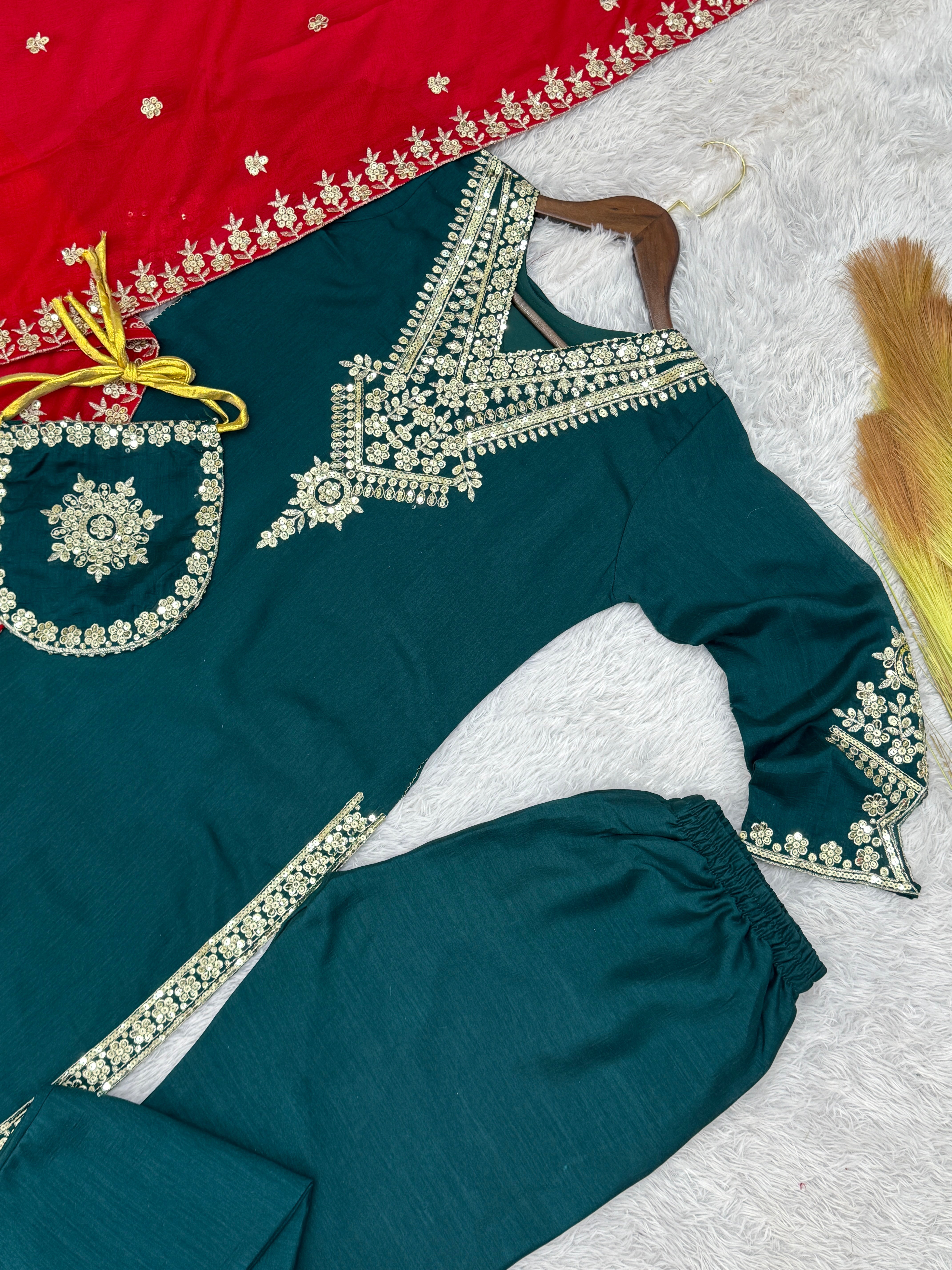 Fancy Suit Set With Embroidery And Sequence Work