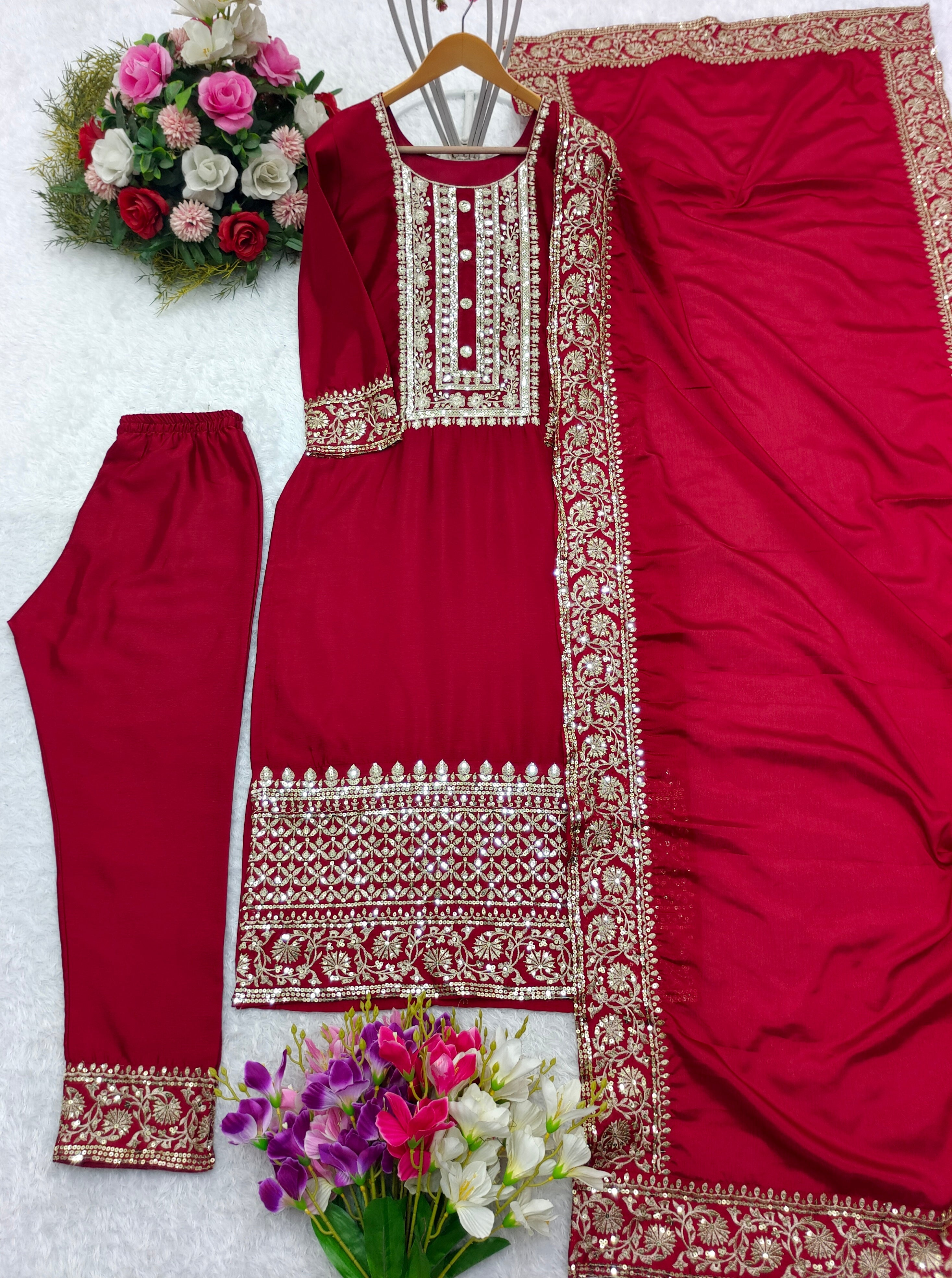 Designer Party Wear Top-Pent And Dupatta With Lace Work