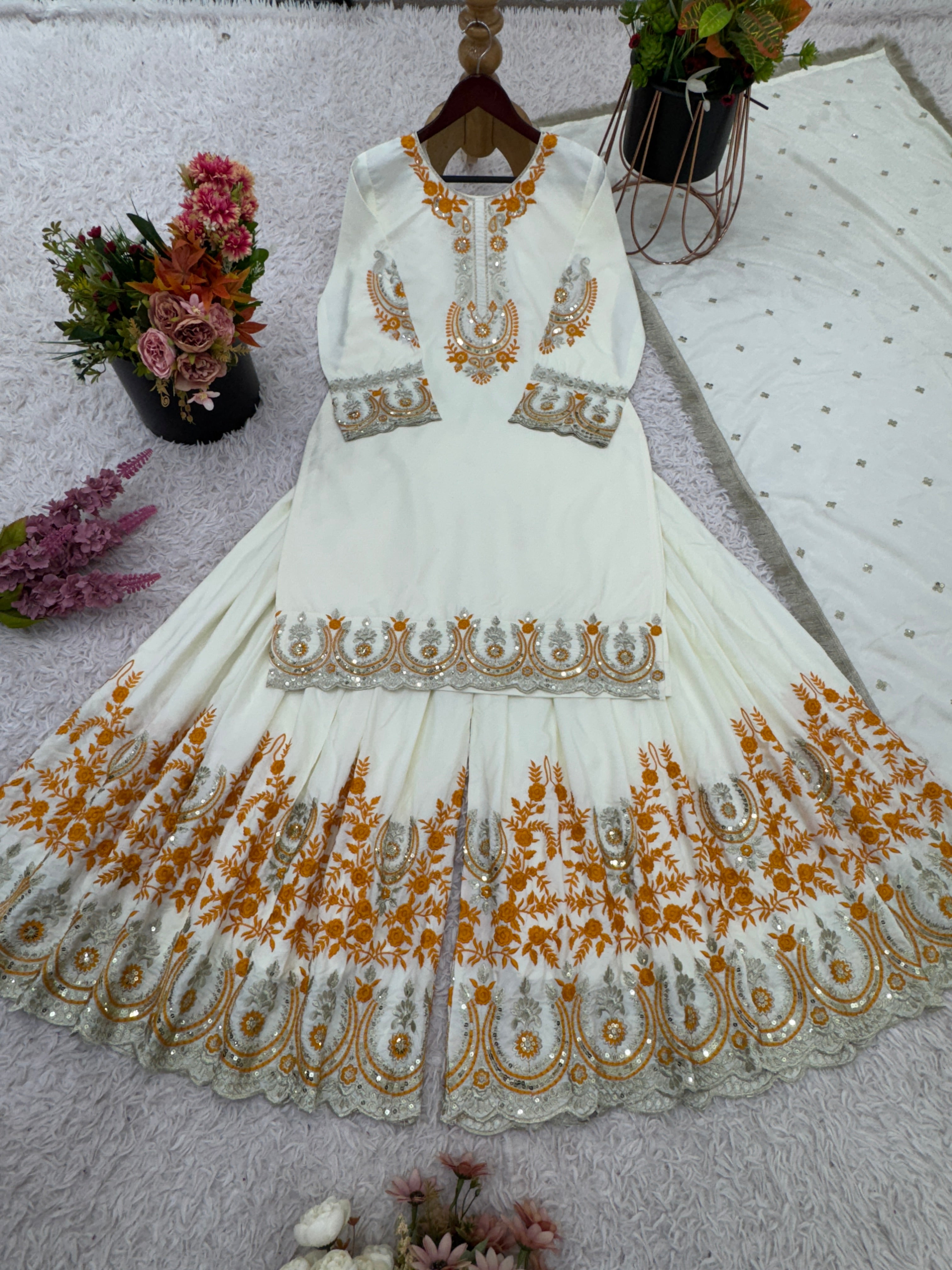Designer Party Wear Look Top-Sharara And Dupatta With Embroidery Work