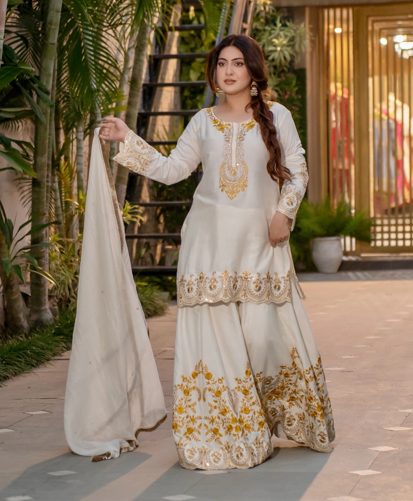 Designer Party Wear Look Top-Sharara And Dupatta With Embroidery Work
