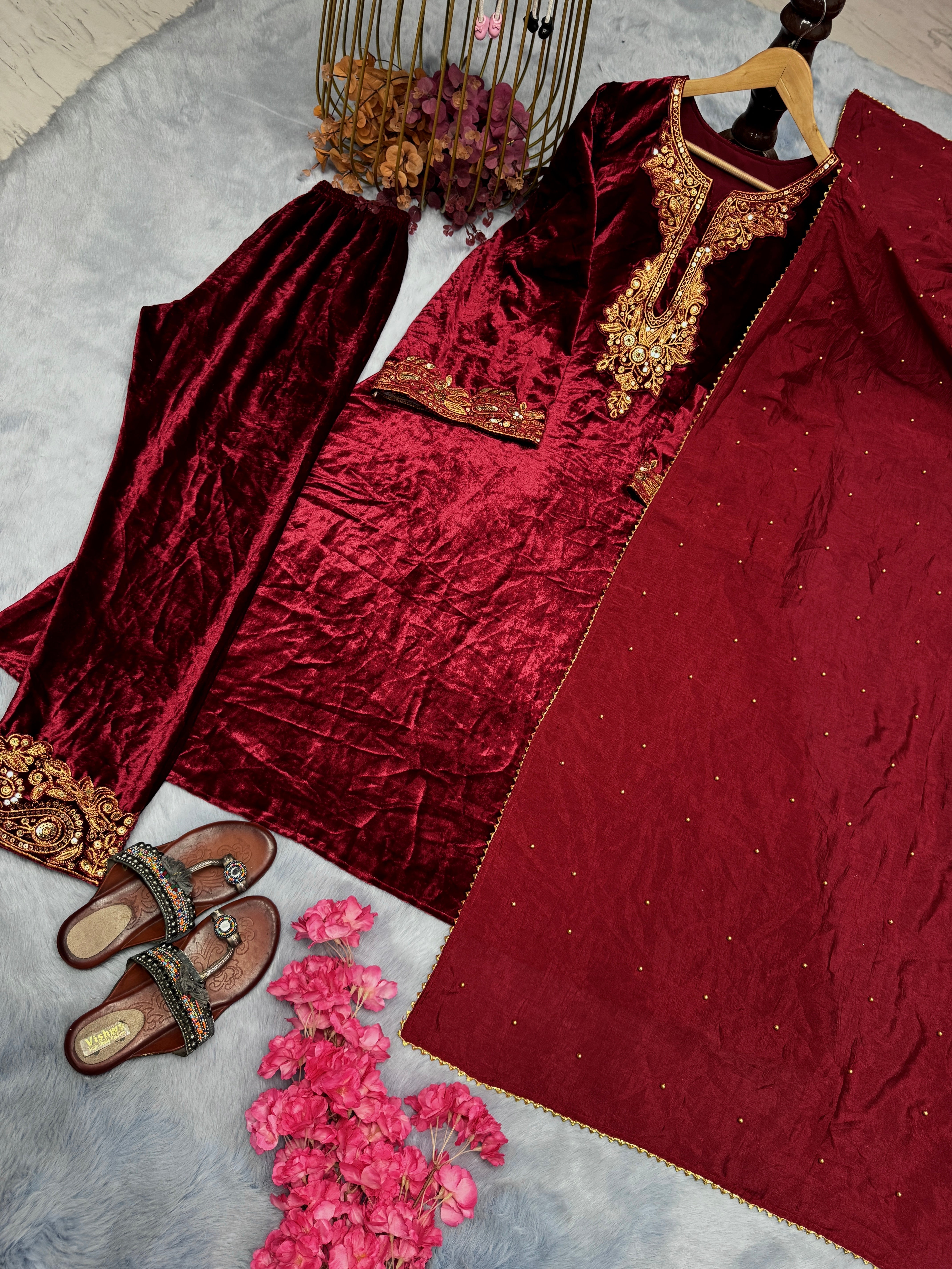 Party Wear Look Heavy Pure Viscose Velvet Top Bottom & Dupatta Set