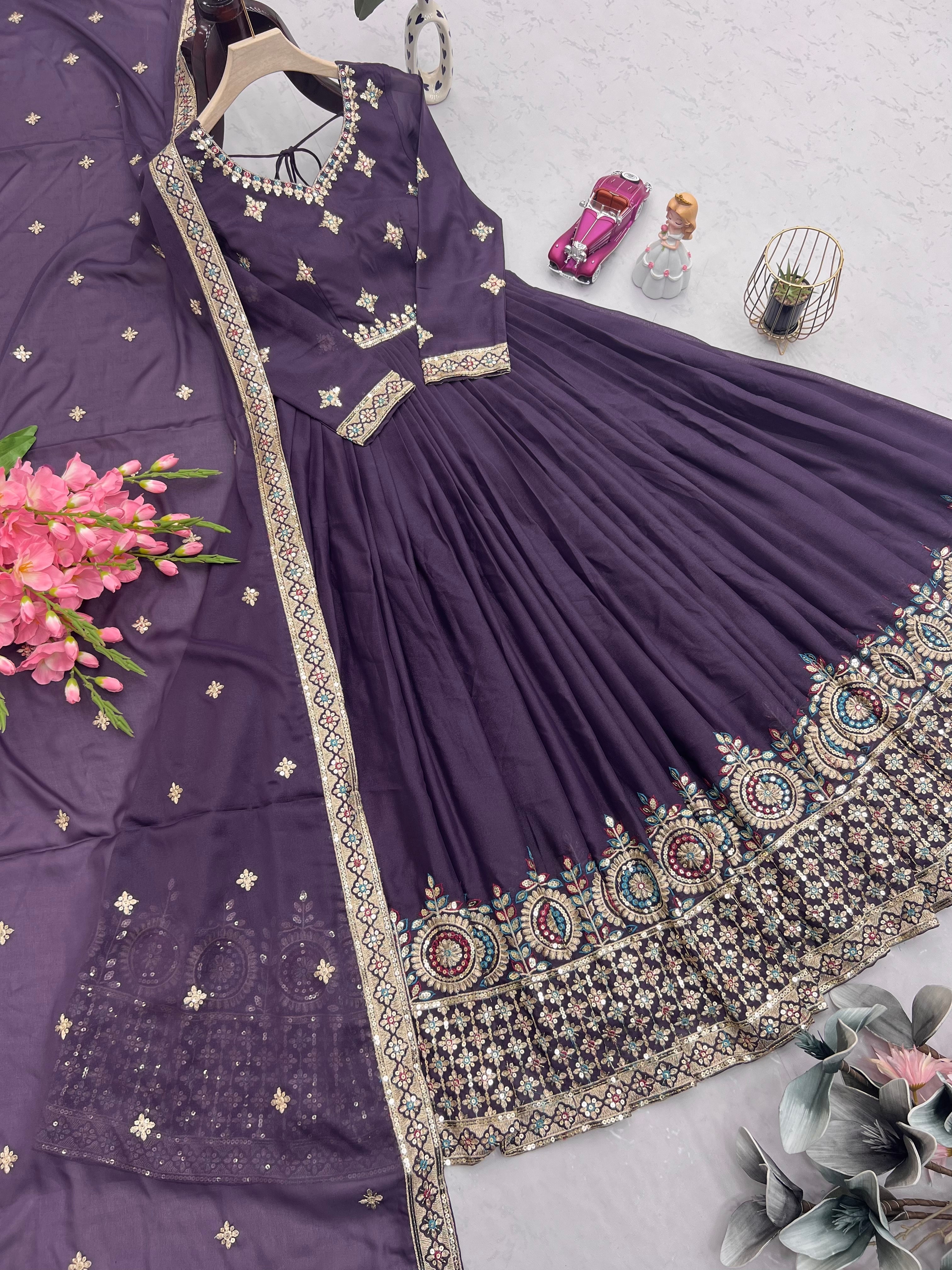 Designer Party Wear Look Gown With Embroidery Threads & Sequins Work