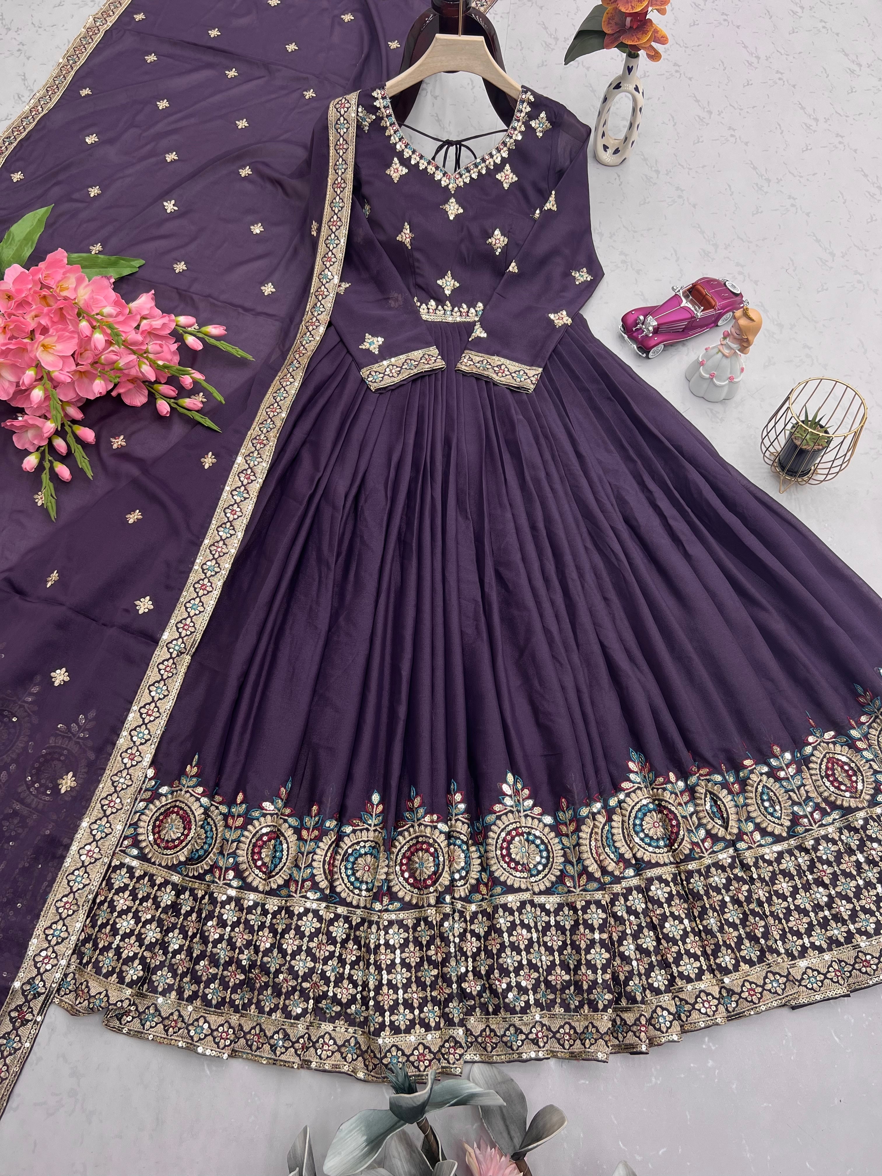 Designer Party Wear Look Gown With Embroidery Threads & Sequins Work