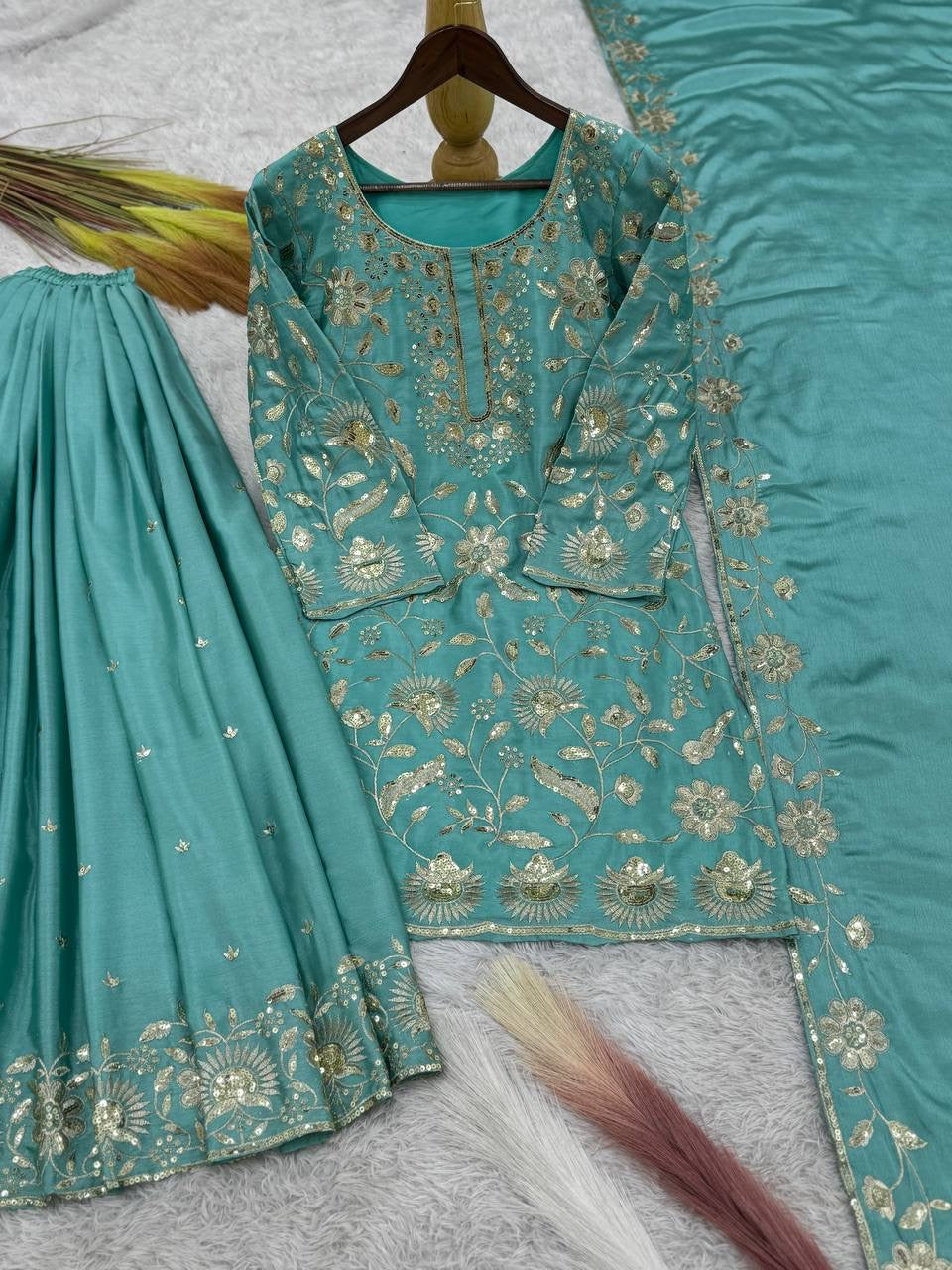 Party Wear Suit Set With Embroidery And Sequence Work