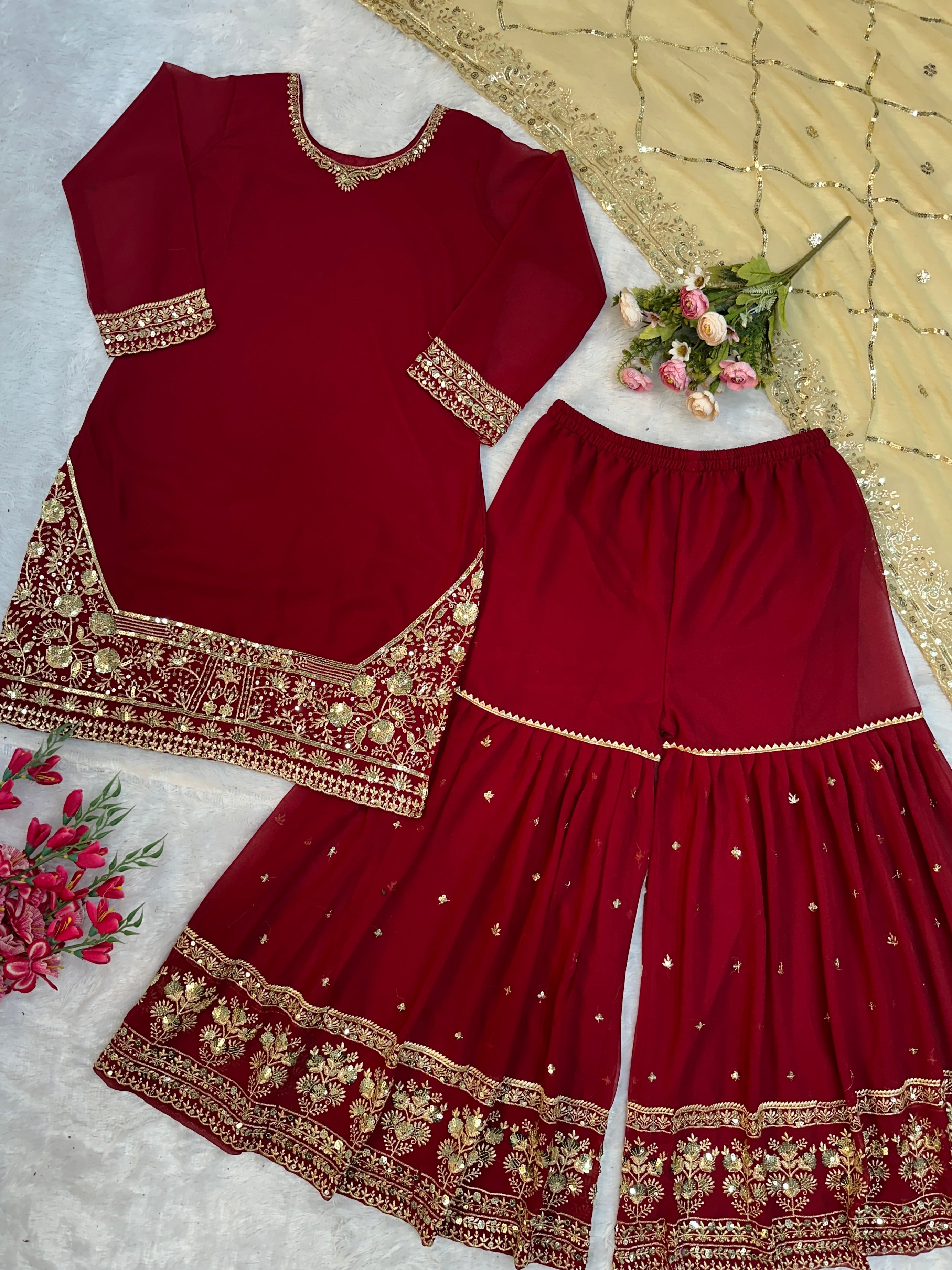 Designer Party Wear Top Bottom And Dupatta With Embroidery Work