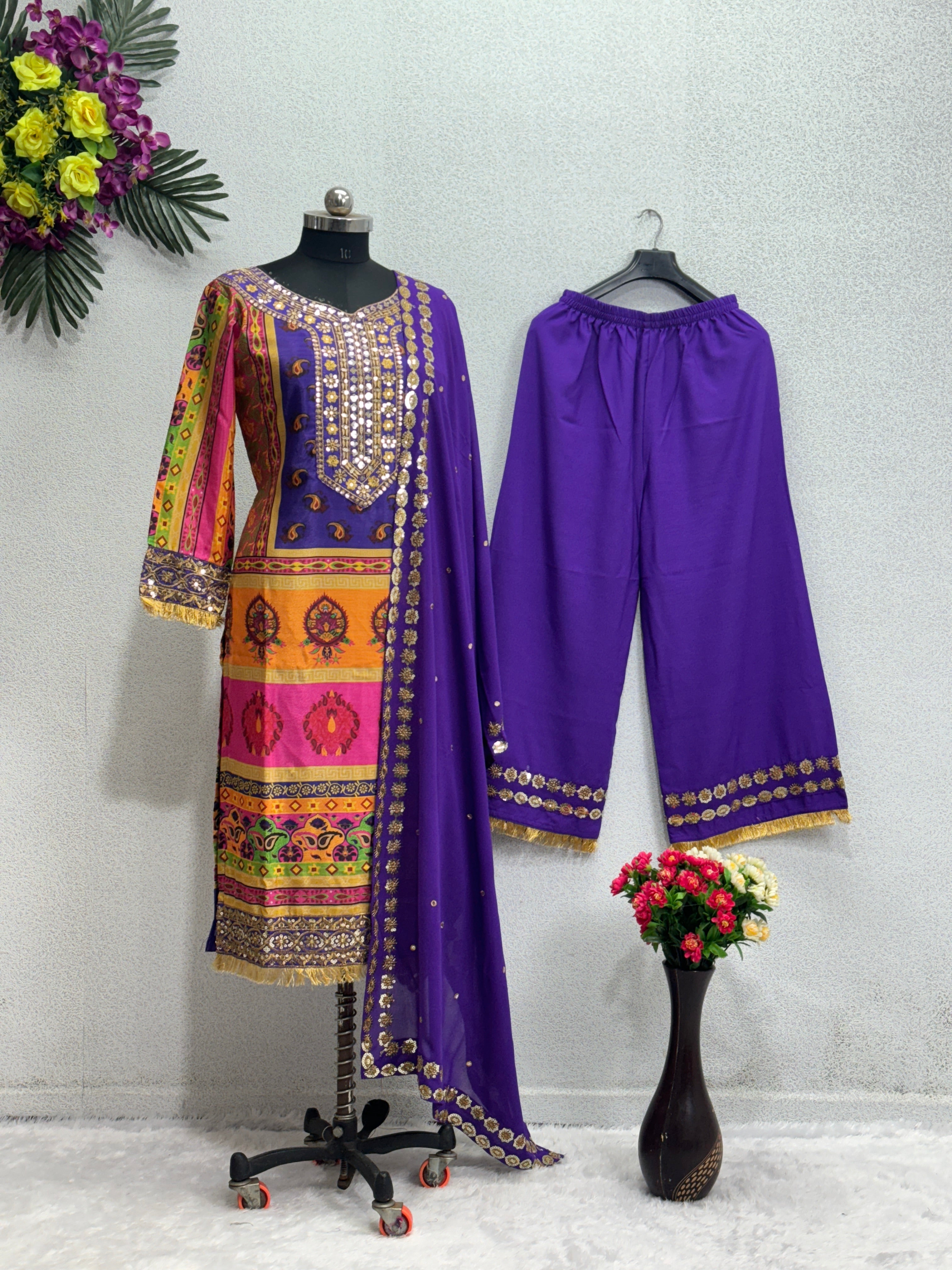 Beautiful Top Bottom And Dupatta With Digital Print Hand Work