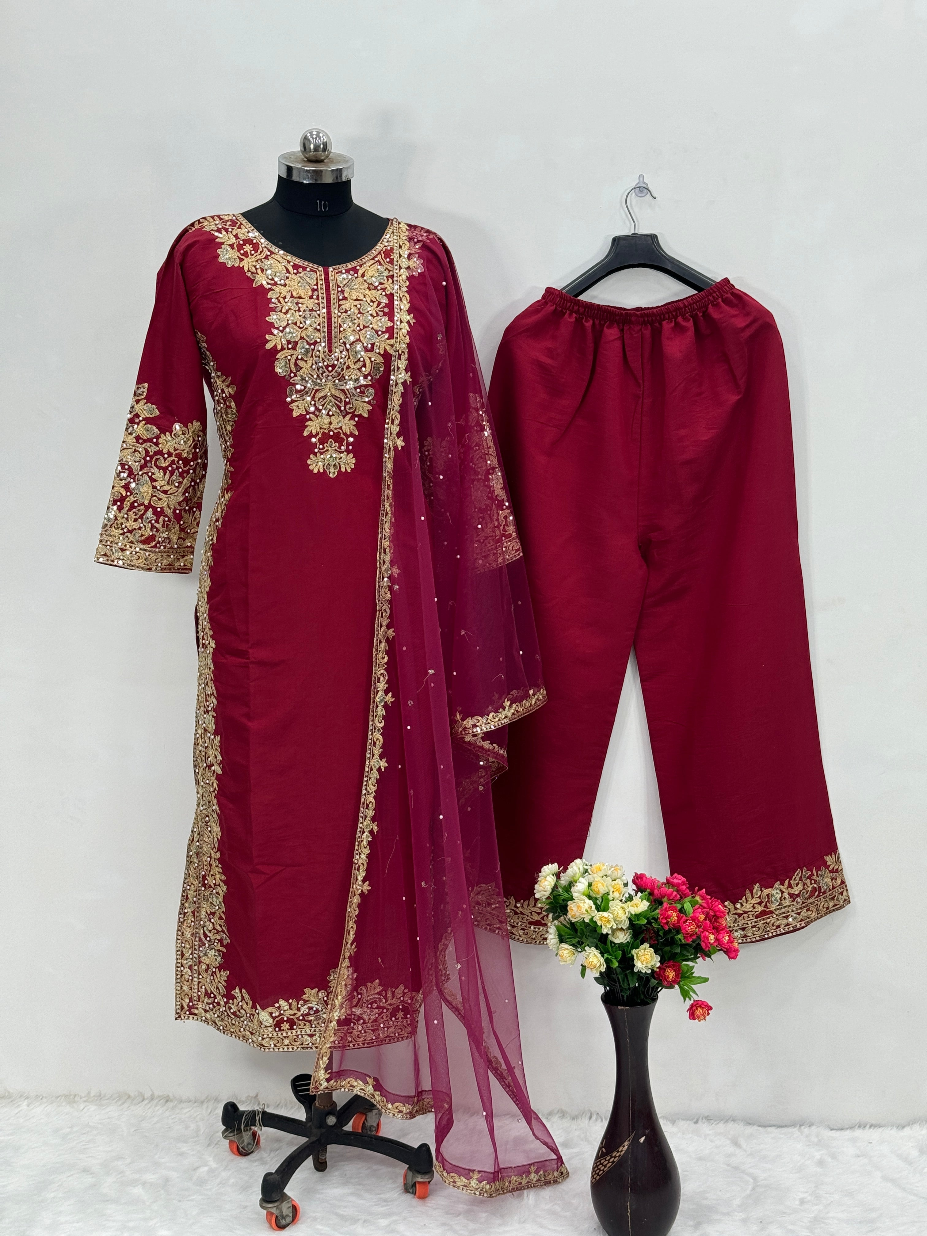 Beautiful Party Wear Top Pent And Dupatta With Hand Work