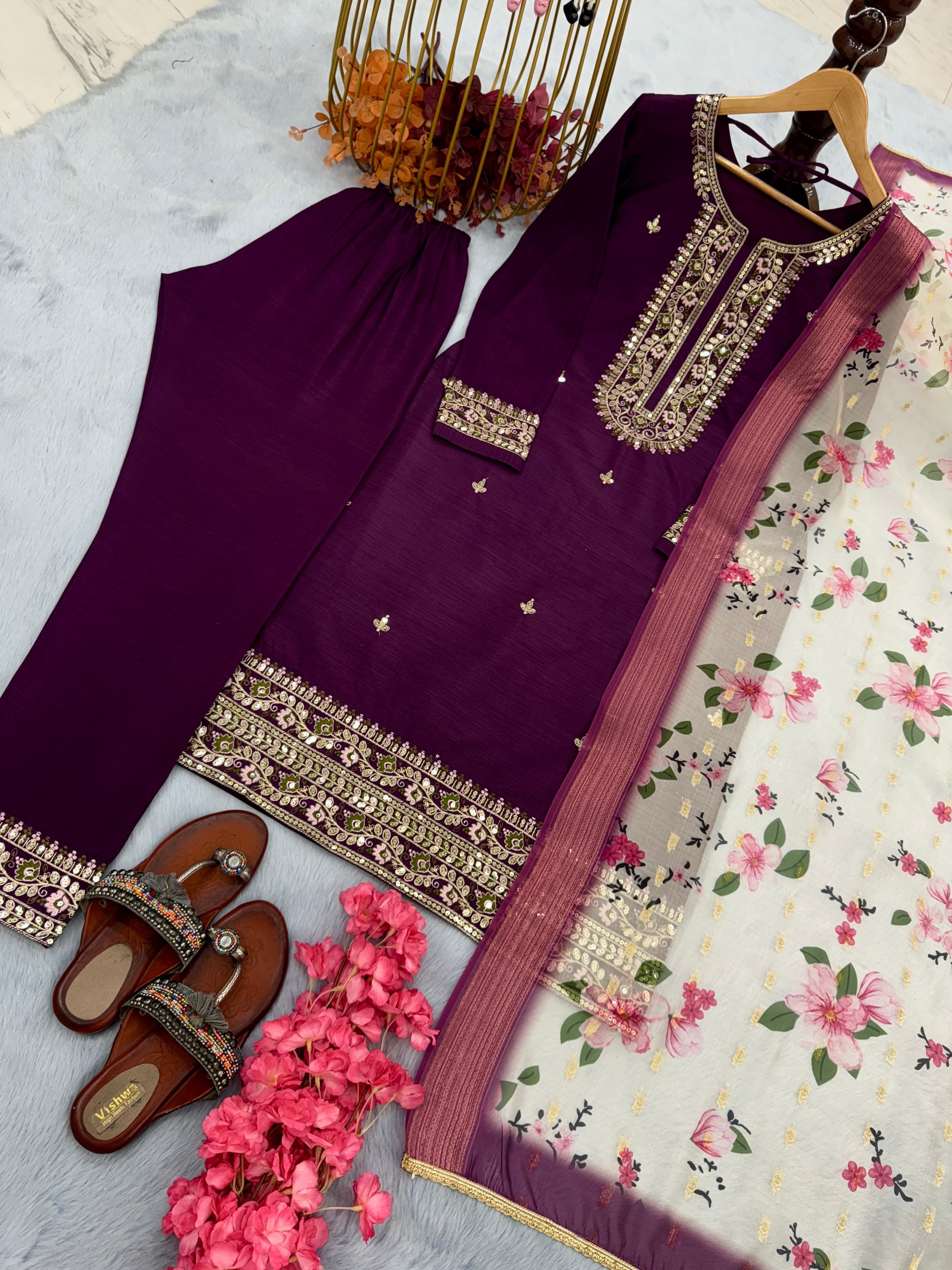 Designer Party Wear Look Silk Top Bottom & Dupatta Set