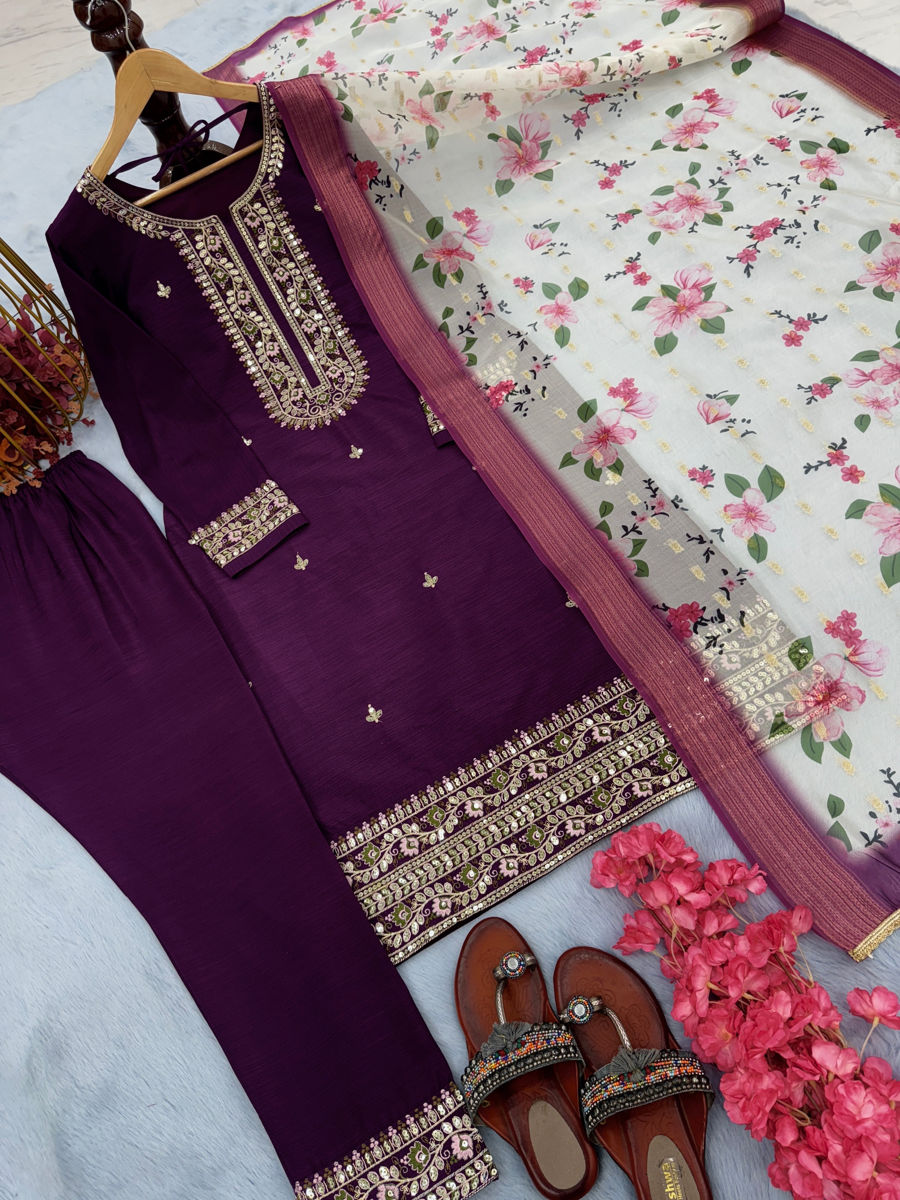 Designer Party Wear Look Silk Top Bottom & Dupatta Set
