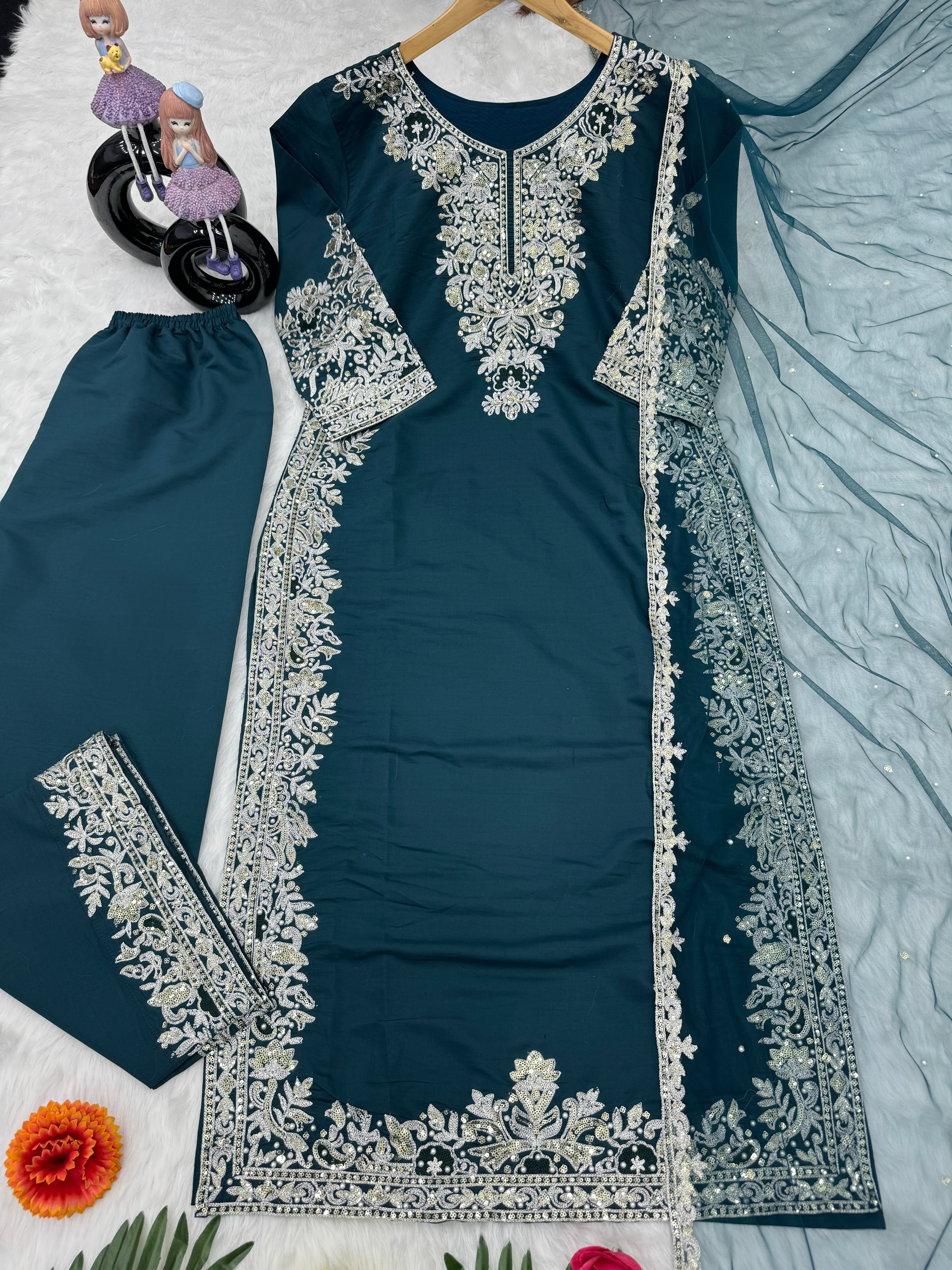Beautiful Party Wear Top Pent And Dupatta With Hand Work